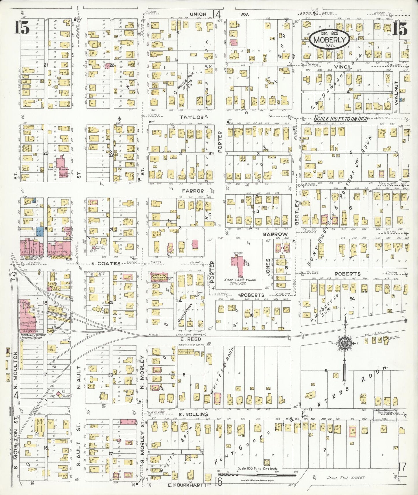Sanborn Fire Insurance Map from Moberly, Randolph County, Missouri (1923), Sheet #0015 - Historic Sanborn Fire Insurance Map Print, vintage old map wall art, antique decor, genealogy gift, Missouri Missouri map