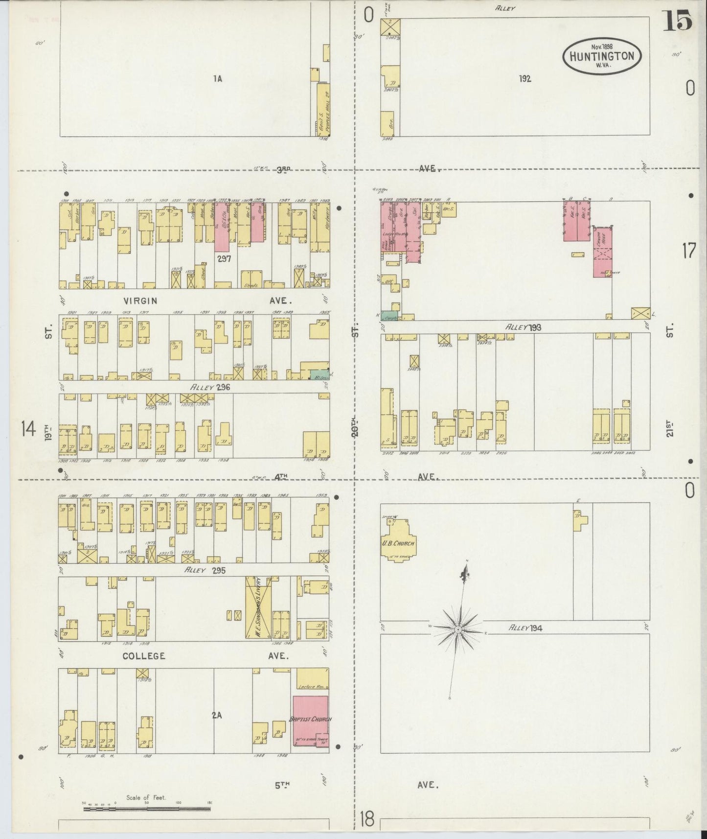 Sanborn Fire Insurance Map from Huntington, Cabell County, West Virginia (1898), Sheet #0015 - Historic Sanborn Fire Insurance Map Print, vintage old map wall art, antique decor, genealogy gift, West Virginia West Virginia map