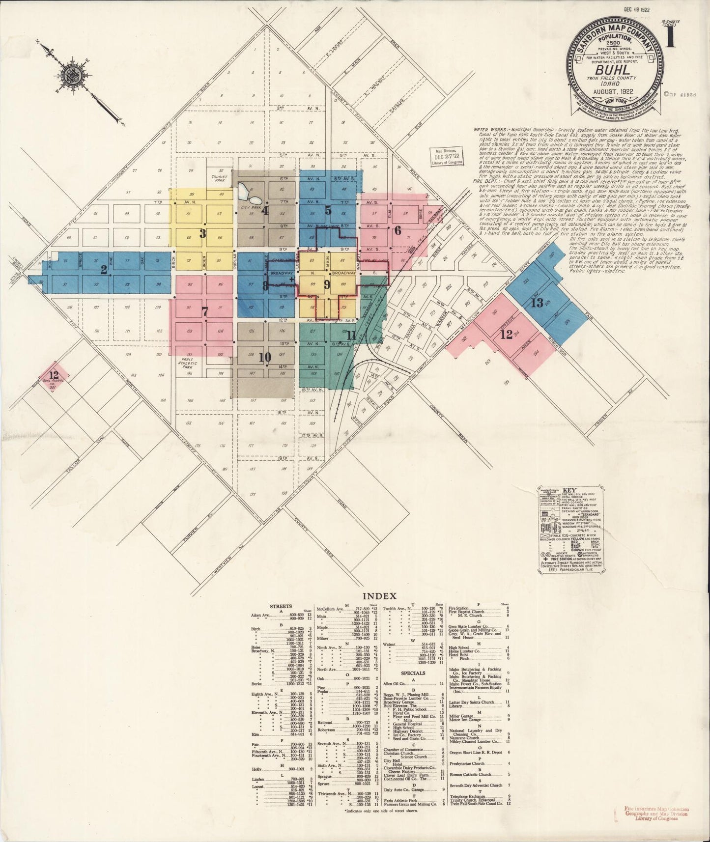 Sanborn Fire Insurance Map from Buhl, Twin Falls County, Idaho (1922), Sheet #0001 - Historic Sanborn Fire Insurance Map Print, vintage old map wall art, antique decor, genealogy gift, Falls Idaho map