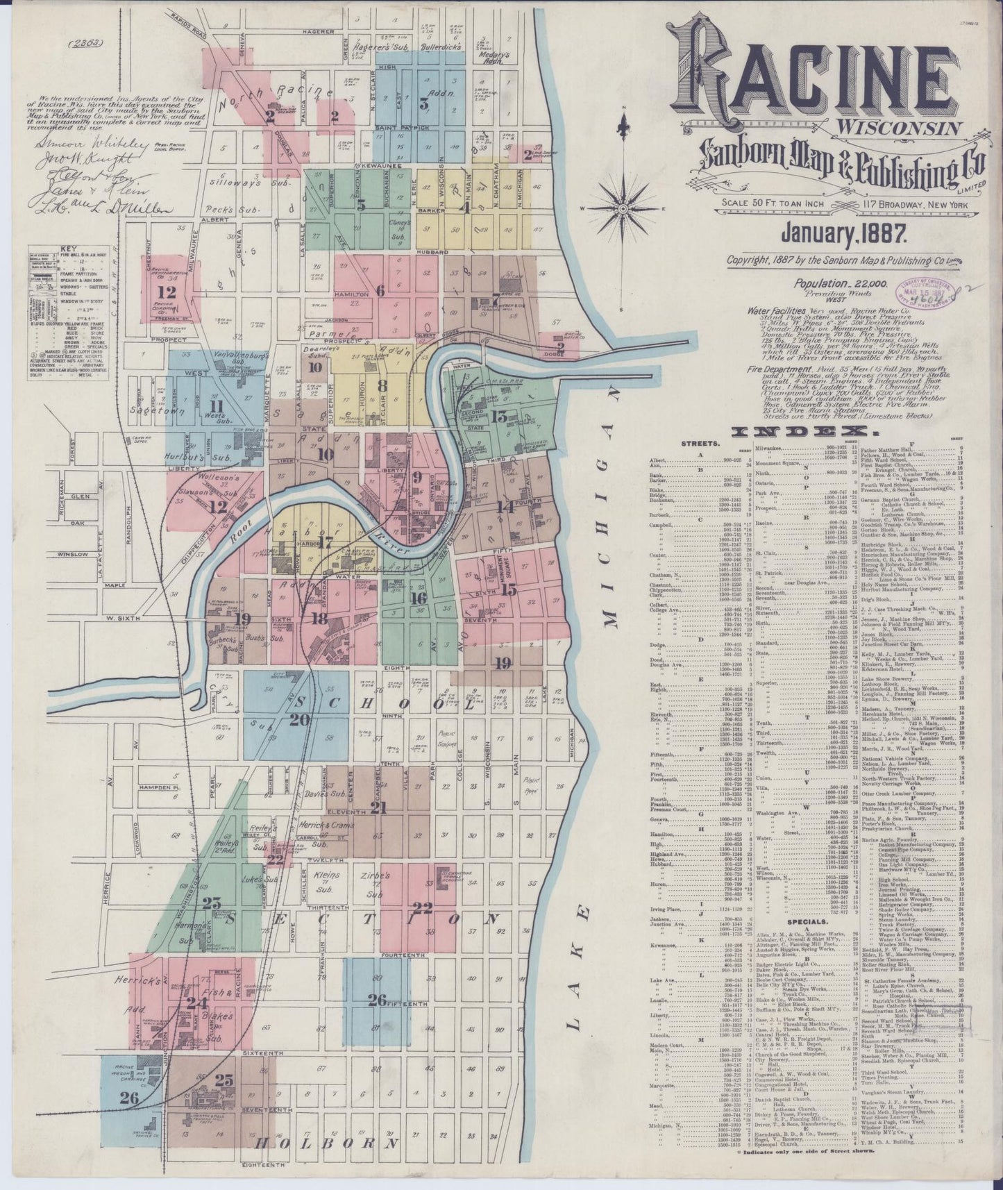 Sanborn Fire Insurance Map from Racine, Racine County, Wisconsin (1887), Sheet #0001 - Historic Sanborn Fire Insurance Map Print, vintage old map wall art, antique decor, genealogy gift, Wisconsin Wisconsin map