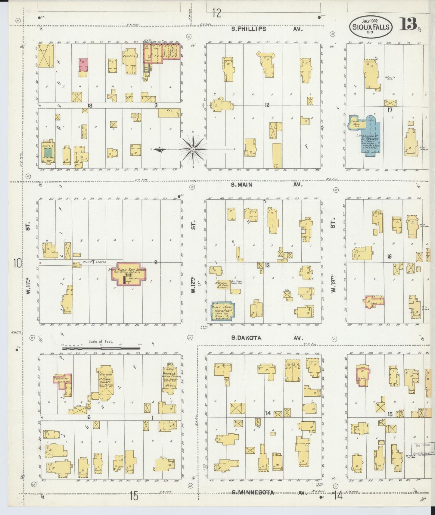 Sanborn Fire Insurance Map from Sioux Falls, Minnehaha County, South Dakota (1902), Sheet #0013 - Historic Sanborn Fire Insurance Map Print, vintage old map wall art, antique decor, genealogy gift, South Dakota South Dakota map