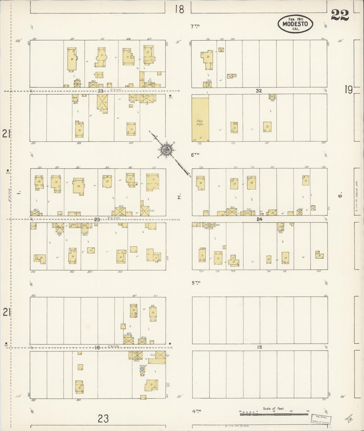 Sanborn Fire Insurance Map from Modesto, Stanislaus County, California (1911), Sheet #0022 - Historic Sanborn Fire Insurance Map Print, vintage old map wall art, antique decor, genealogy gift, California California map