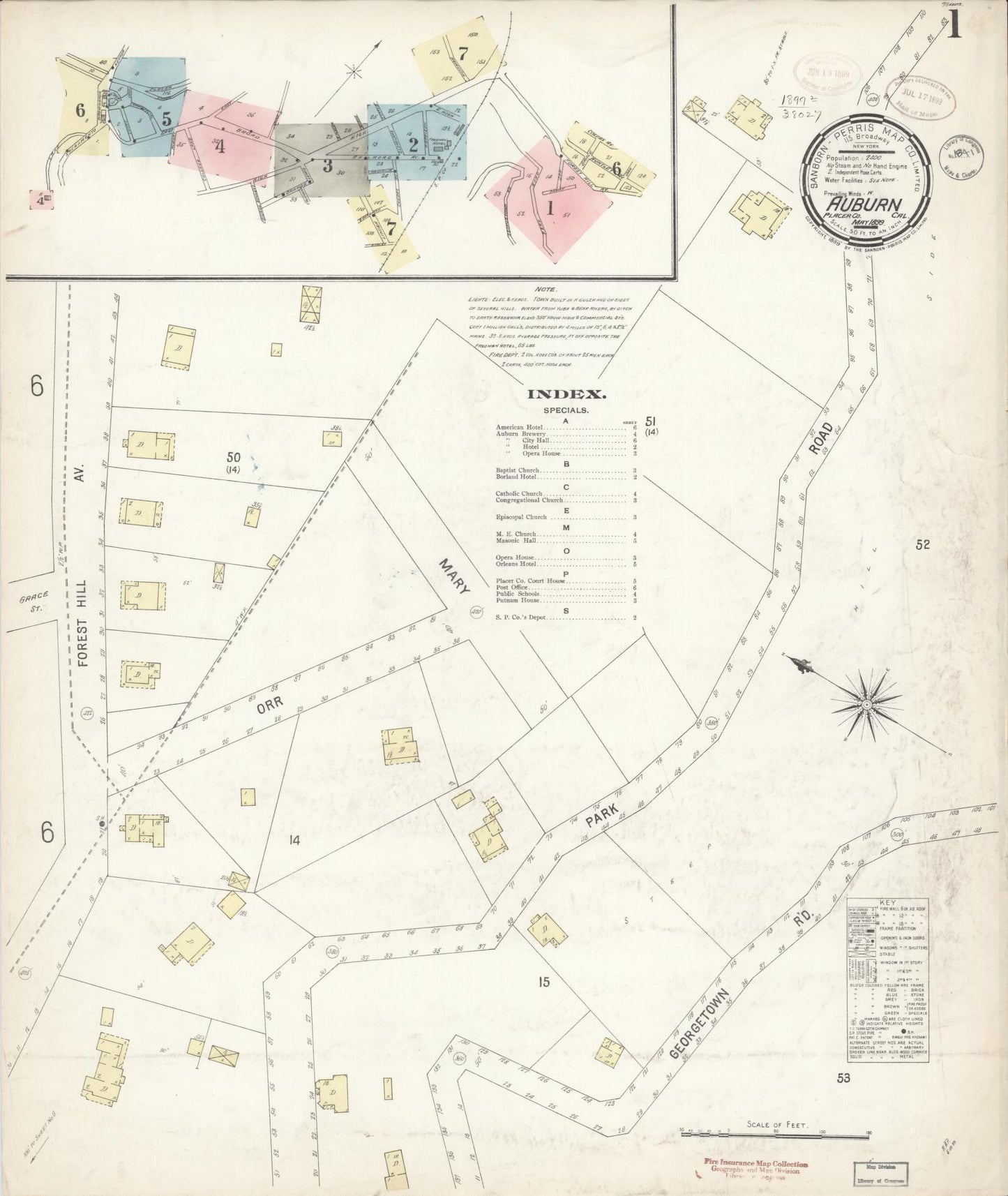 Sanborn Fire Insurance Map from Auburn, Placer County, California (1899), Sheet #0001 - Historic Sanborn Fire Insurance Map Print, vintage old map wall art, antique decor, genealogy gift, California California map