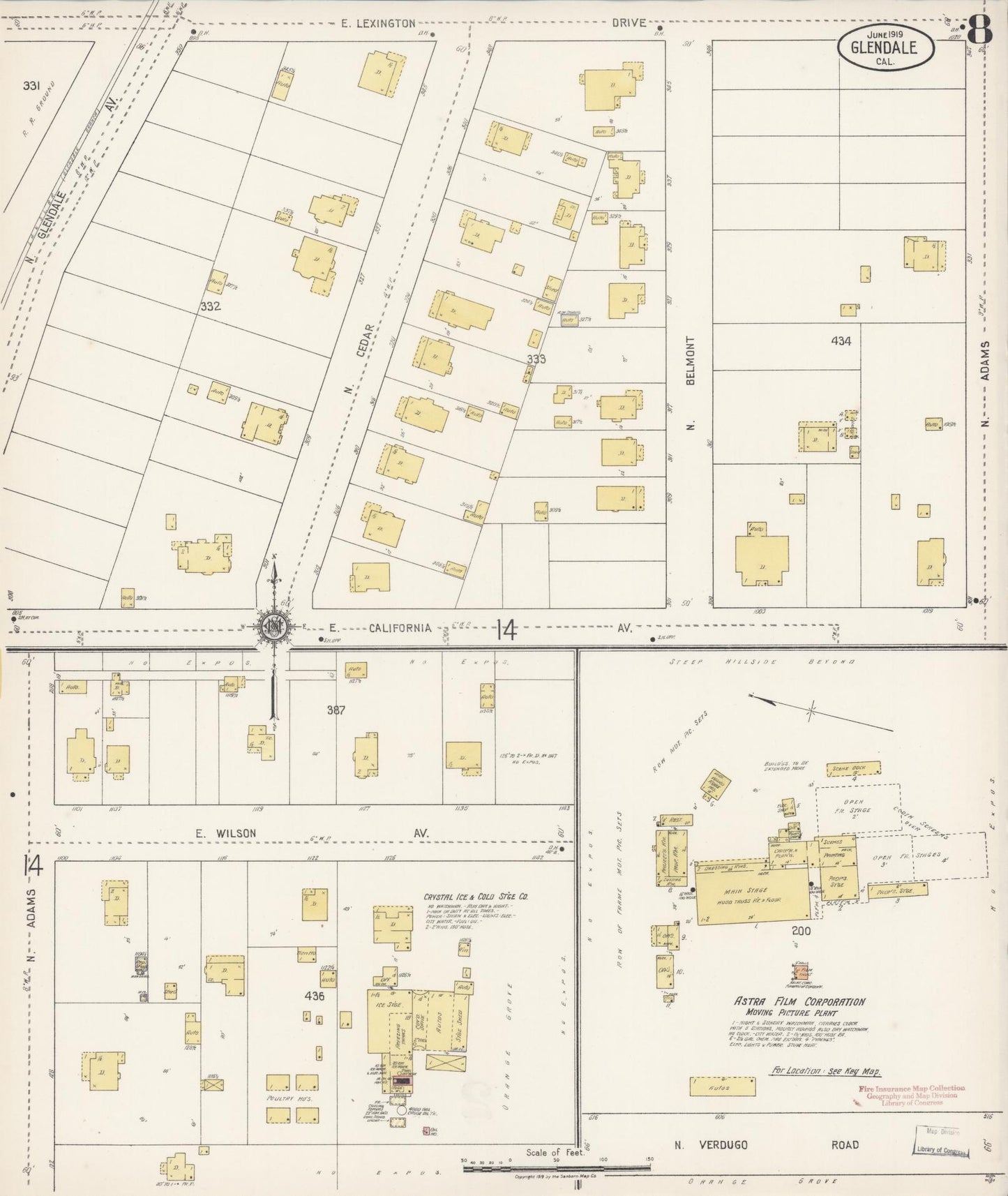 Sanborn Fire Insurance Map from Glendale, Los Angeles County, California (1919), Sheet #0008 - Historic Sanborn Fire Insurance Map Print, vintage old map wall art, antique decor, genealogy gift, California California map