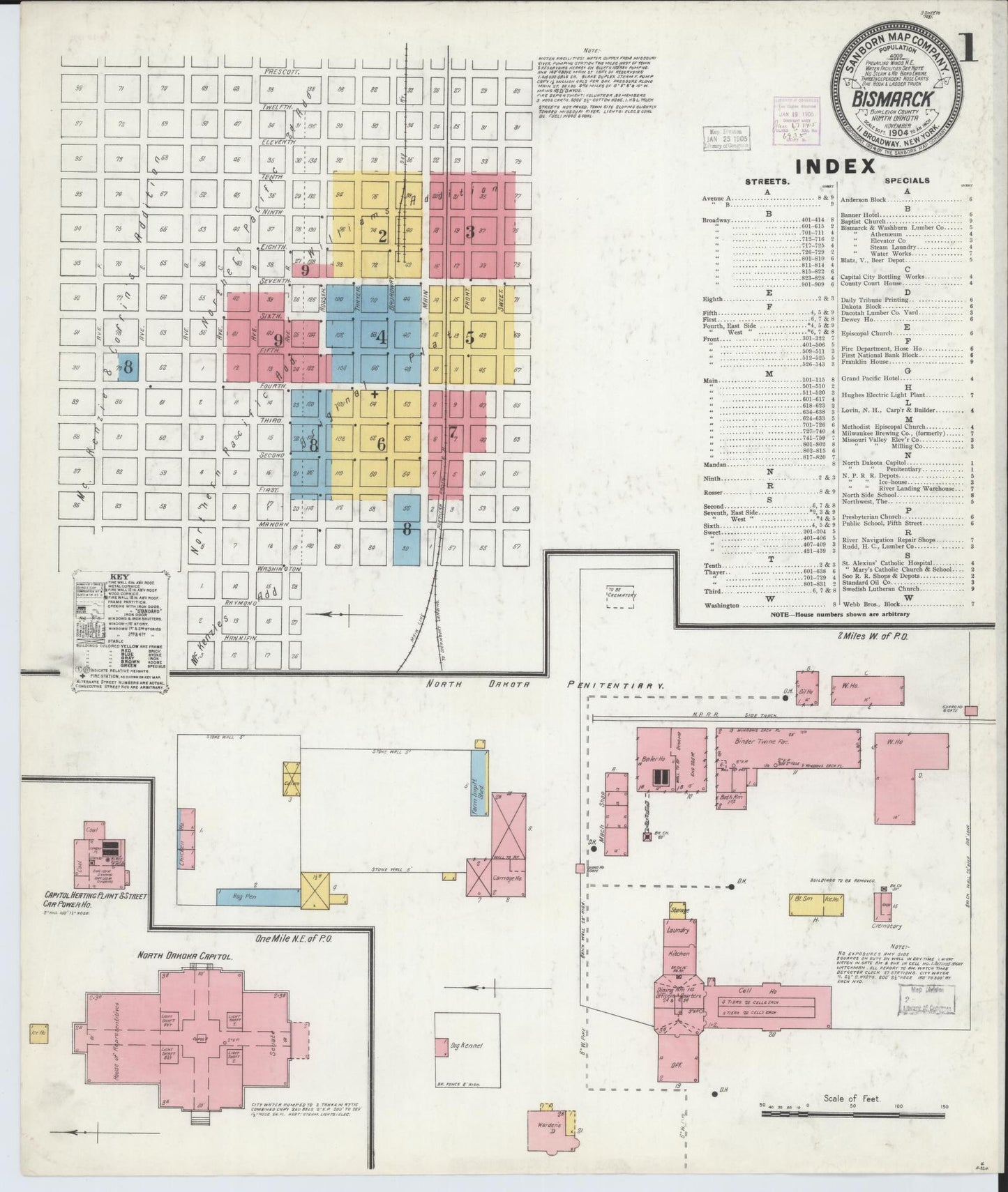 Sanborn Fire Insurance Map from Bismarck, Burleigh County, North Dakota (1904), Sheet #0001 - Historic Sanborn Fire Insurance Map Print, vintage old map wall art, antique decor, genealogy gift, North Dakota North Dakota map