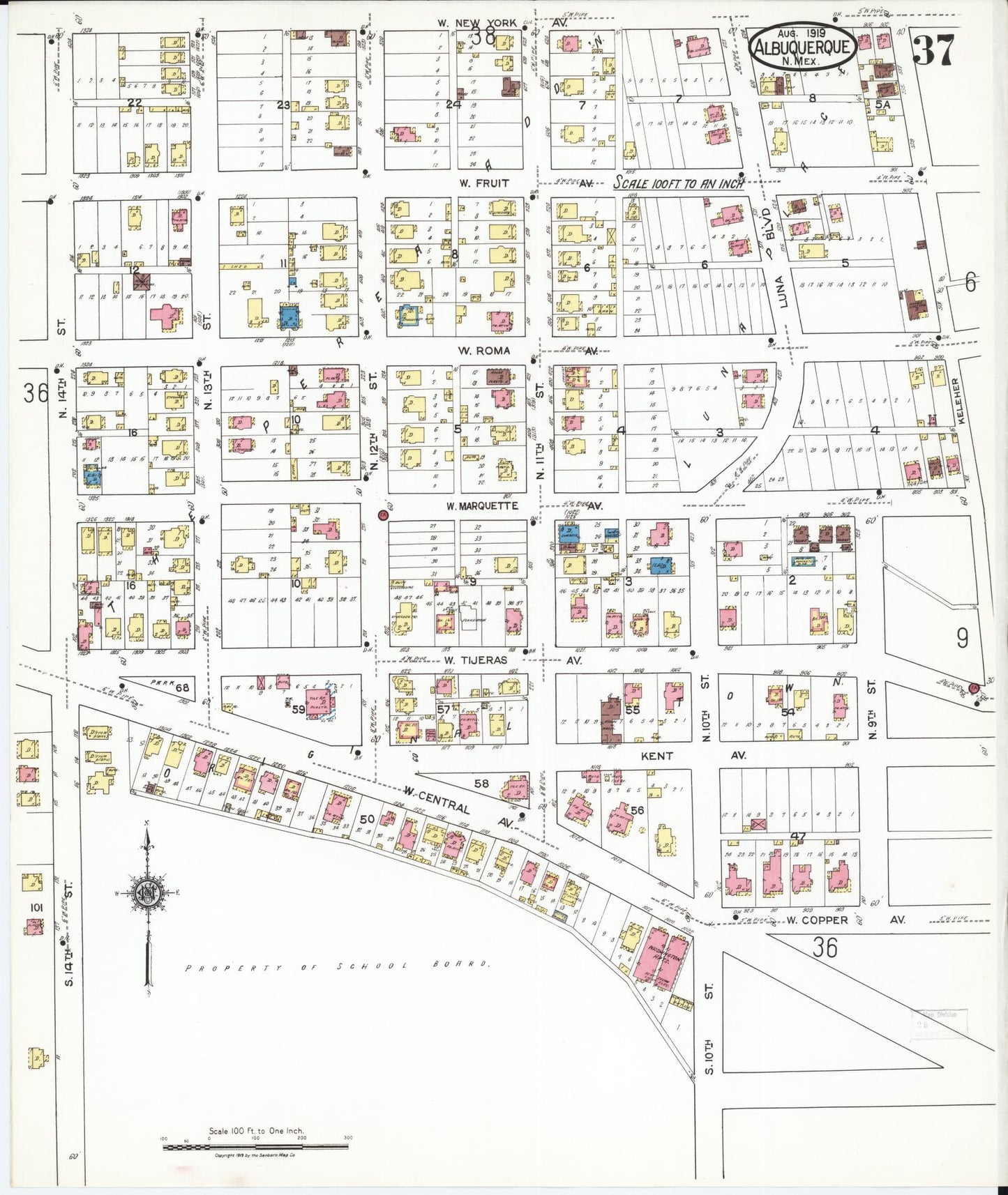 Sanborn Fire Insurance Map from Albuquerque, Bernalillo County, New Mexico (1919), Sheet #0037 - Historic Sanborn Fire Insurance Map Print, vintage old map wall art, antique decor, genealogy gift, New Mexico New Mexico map