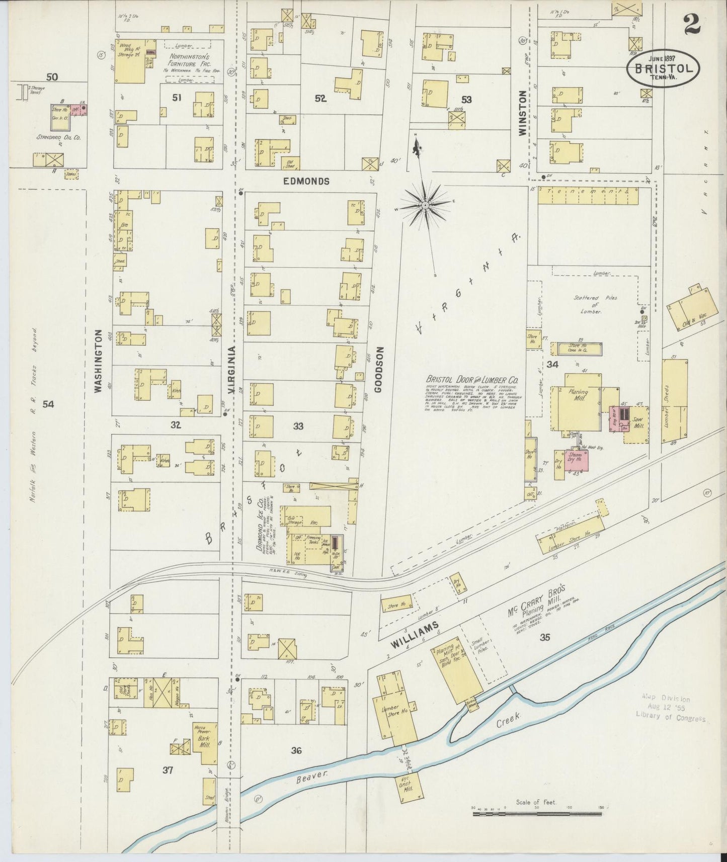 Sanborn Fire Insurance Map from Bristol, Sullivan County, Tennessee (1898), Sheet #0002 - Historic Sanborn Fire Insurance Map Print, vintage old map wall art, antique decor, genealogy gift, Tennessee Tennessee map