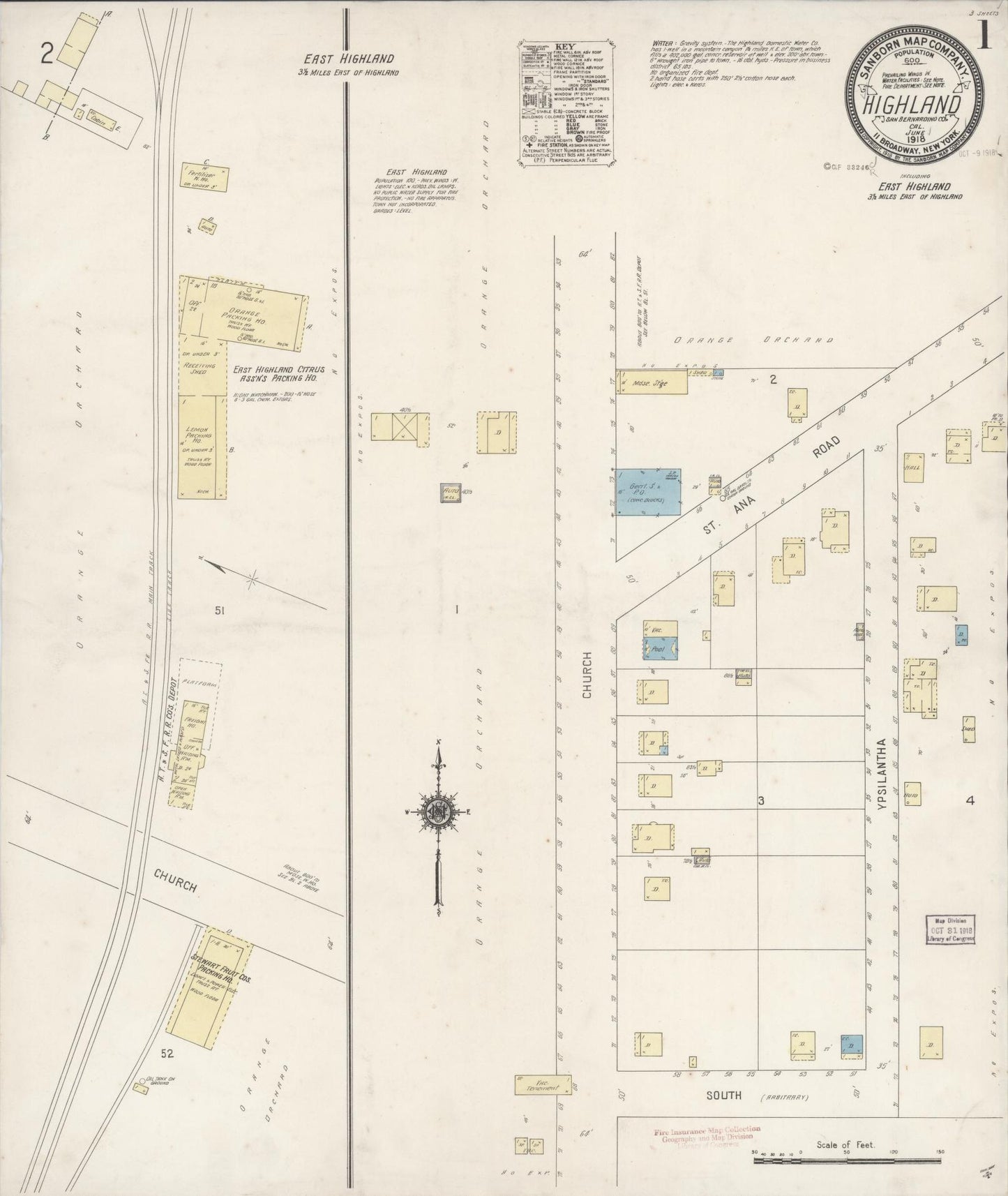 Sanborn Fire Insurance Map from Highland, San Bernardino County, California (1918), Sheet #0001 - Historic Sanborn Fire Insurance Map Print, vintage old map wall art, antique decor, genealogy gift, California California map