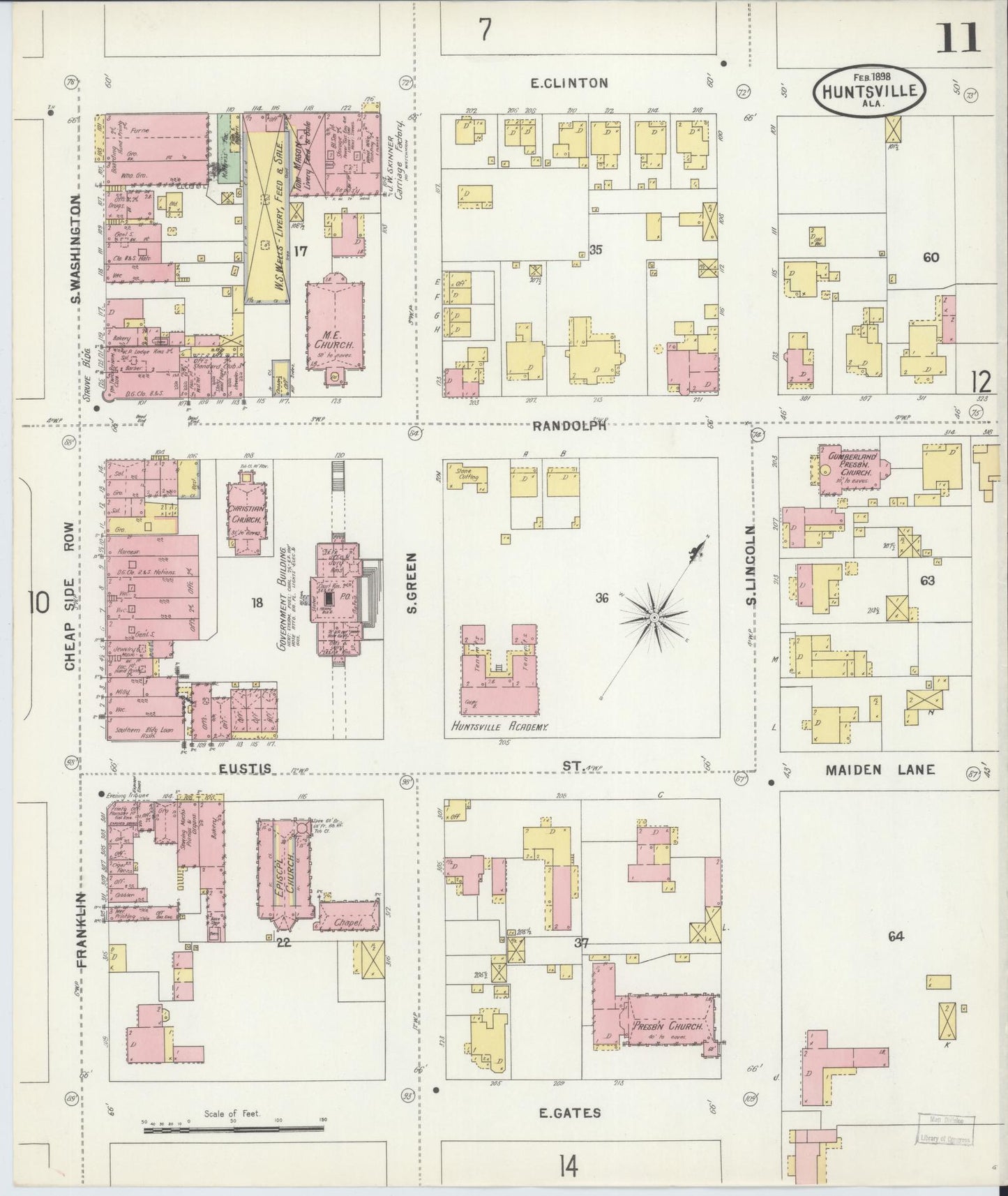Sanborn Fire Insurance Map from Huntsville, Madison County, Alabama (1898), Sheet #0011 - Historic Sanborn Fire Insurance Map Print, vintage old map wall art, antique decor, genealogy gift, Alabama Alabama map
