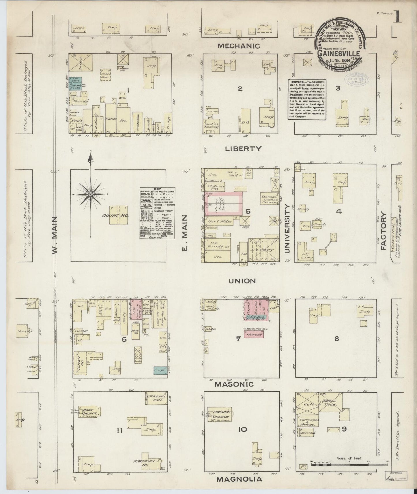Sanborn Fire Insurance Map from Gainesville, Alachua County, Florida (1884), Sheet #0001 - Historic Sanborn Fire Insurance Map Print, vintage old map wall art, antique decor, genealogy gift, Florida Florida map
