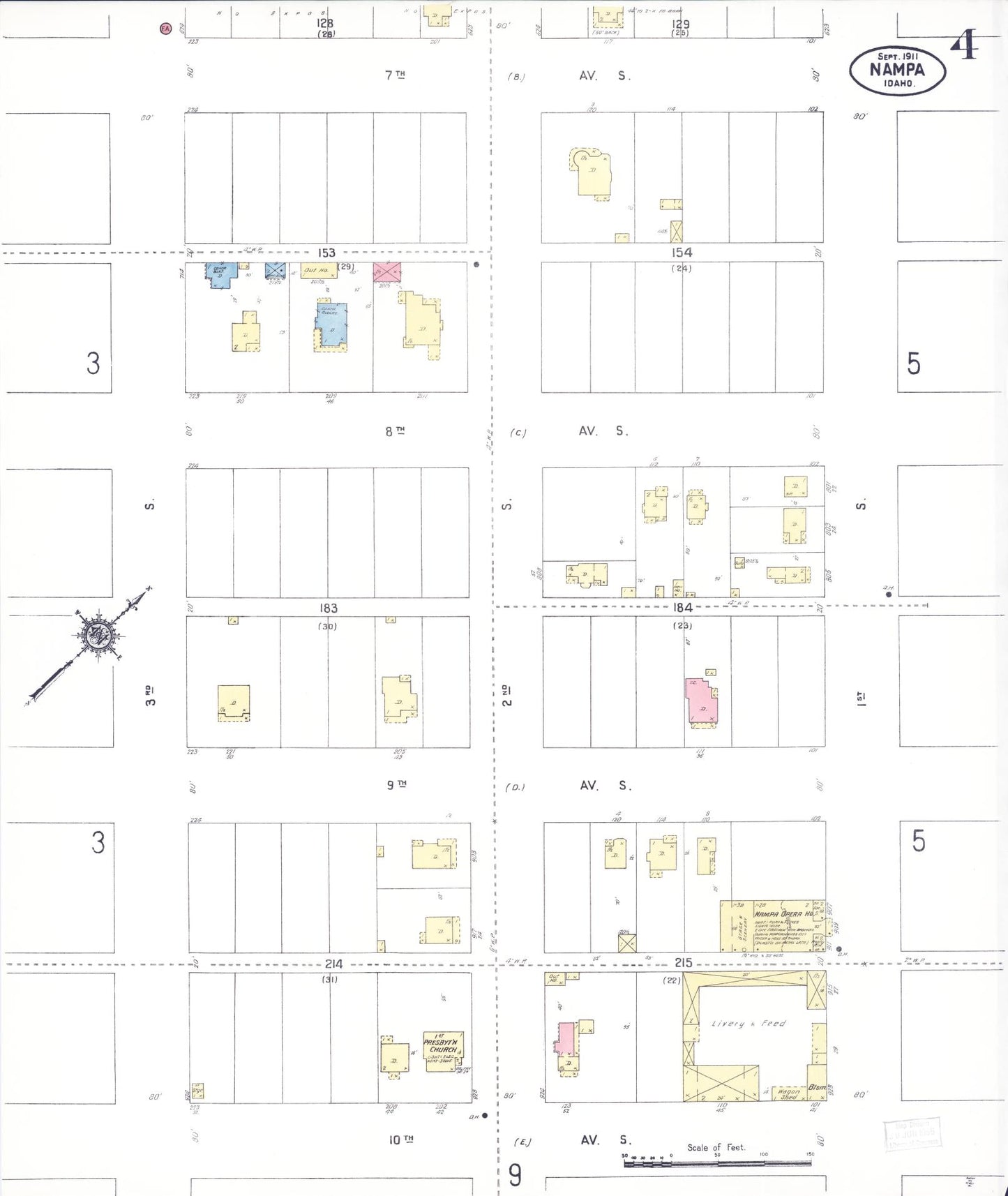 Sanborn Fire Insurance Map from Nampa, Canyon County, Idaho (1911), Sheet #0004 - Historic Sanborn Fire Insurance Map Print, vintage old map wall art, antique decor, genealogy gift, Idaho Idaho map