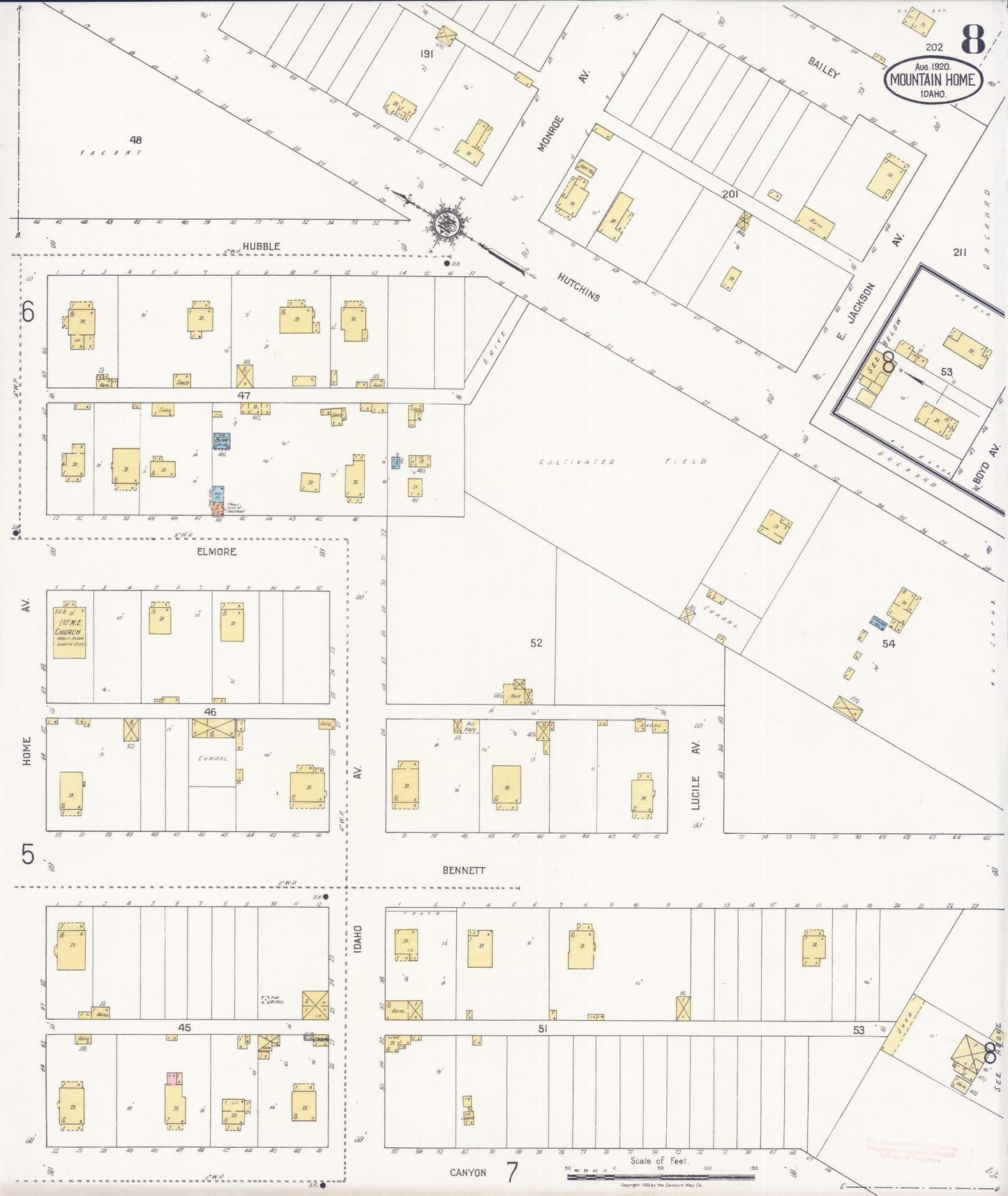 Sanborn Fire Insurance Map from Mountain Home, Elmore County, Idaho (1920), Sheet #0008 - Historic Sanborn Fire Insurance Map Print, vintage old map wall art, antique decor, genealogy gift, Idaho Idaho map