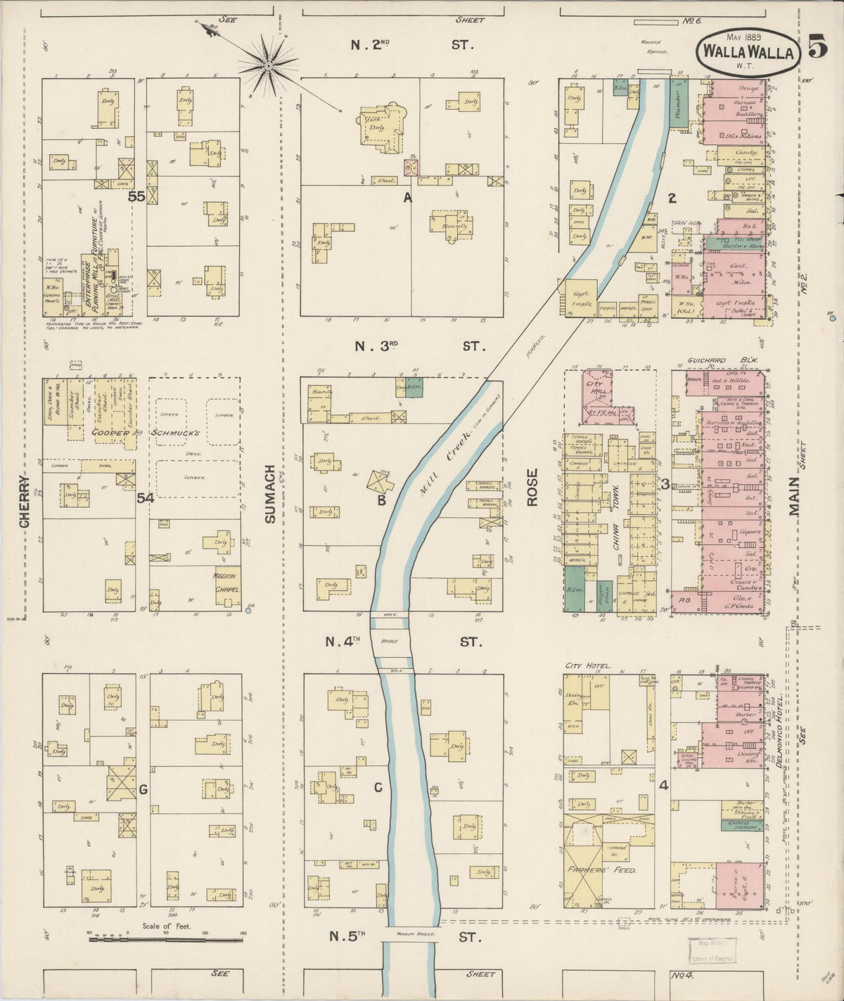 Sanborn Fire Insurance Map from Walla Walla, Walla Walla County, Washington (1889), Sheet #0005 - Historic Sanborn Fire Insurance Map Print, vintage old map wall art, antique decor, genealogy gift, Washington Washington map