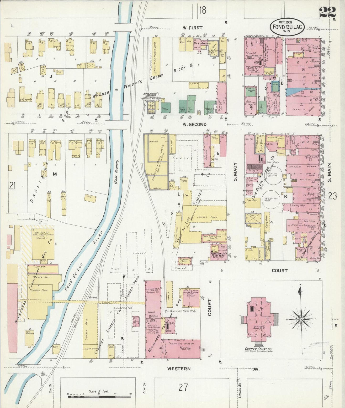 Sanborn Fire Insurance Map from Fond du Lac, Fond du Lac County, Wisconsin (1908), Sheet #0022 - Historic Sanborn Fire Insurance Map Print, vintage old map wall art, antique decor, genealogy gift, Wisconsin Wisconsin map