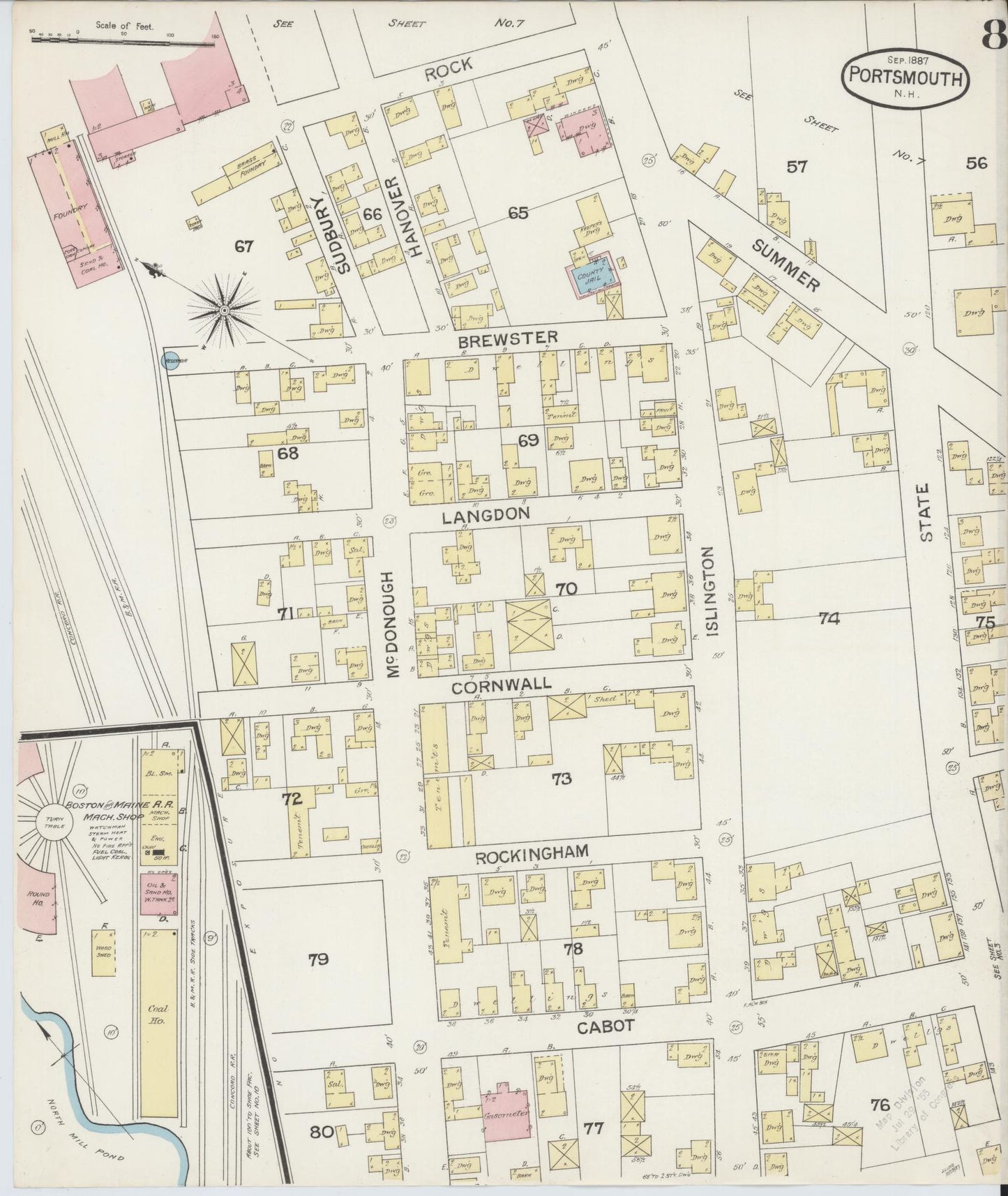 Sanborn Fire Insurance Map from Portsmouth, Rockingham County, New Hampshire (1887), Sheet #0008 - Historic Sanborn Fire Insurance Map Print, vintage old map wall art, antique decor, genealogy gift, New Hampshire New Hampshire map