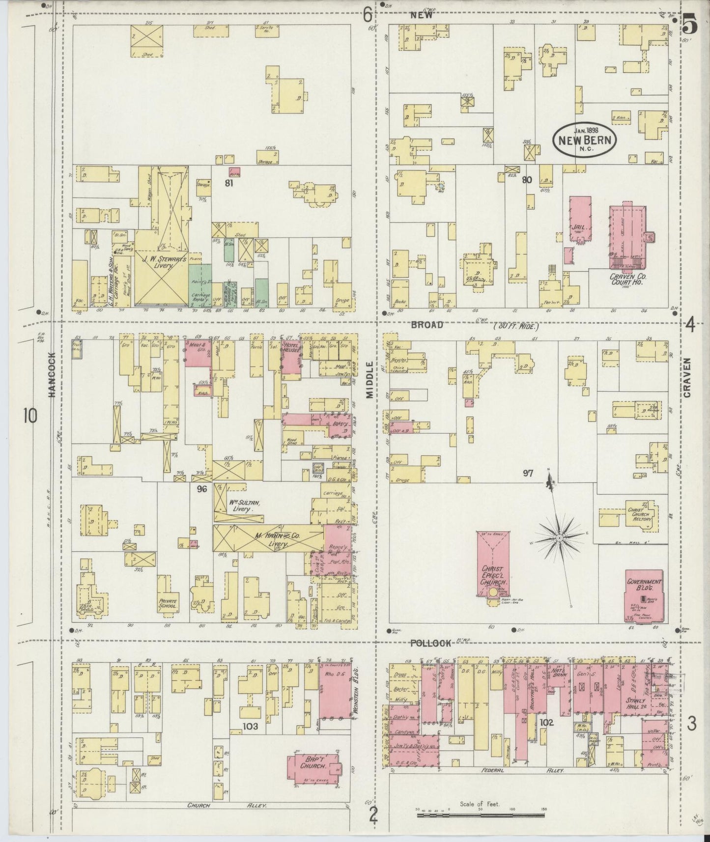Sanborn Fire Insurance Map from New Bern, Craven County, North Carolina (1898), Sheet #0005 - Historic Sanborn Fire Insurance Map Print, vintage old map wall art, antique decor, genealogy gift, North Carolina North Carolina map