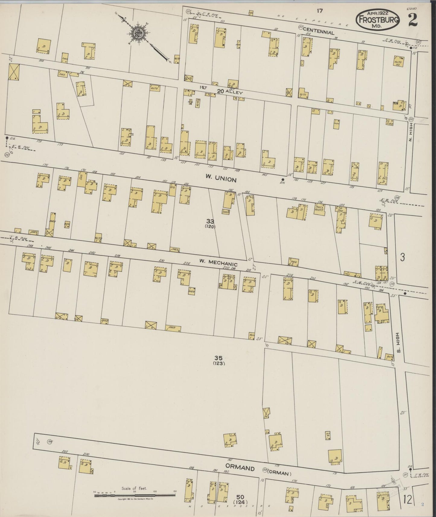 Sanborn Fire Insurance Map from Frostburg, Allegany County, Maryland (1922), Sheet #0002 - Historic Sanborn Fire Insurance Map Print, vintage old map wall art