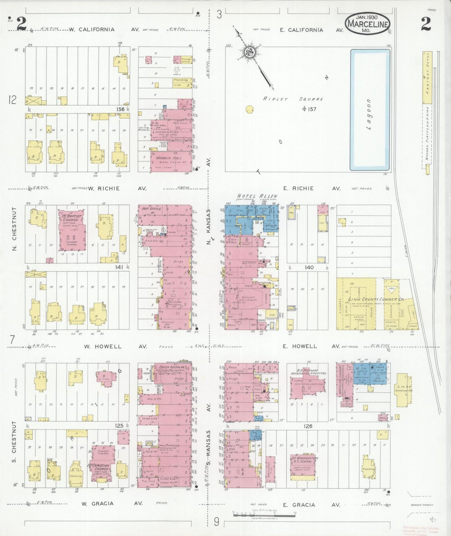 Sanborn Fire Insurance Map from Marceline, Linn County, Missouri (1930), Sheet #0002 - Historic Sanborn Fire Insurance Map Print, vintage old map wall art, antique decor, genealogy gift, Missouri Missouri map