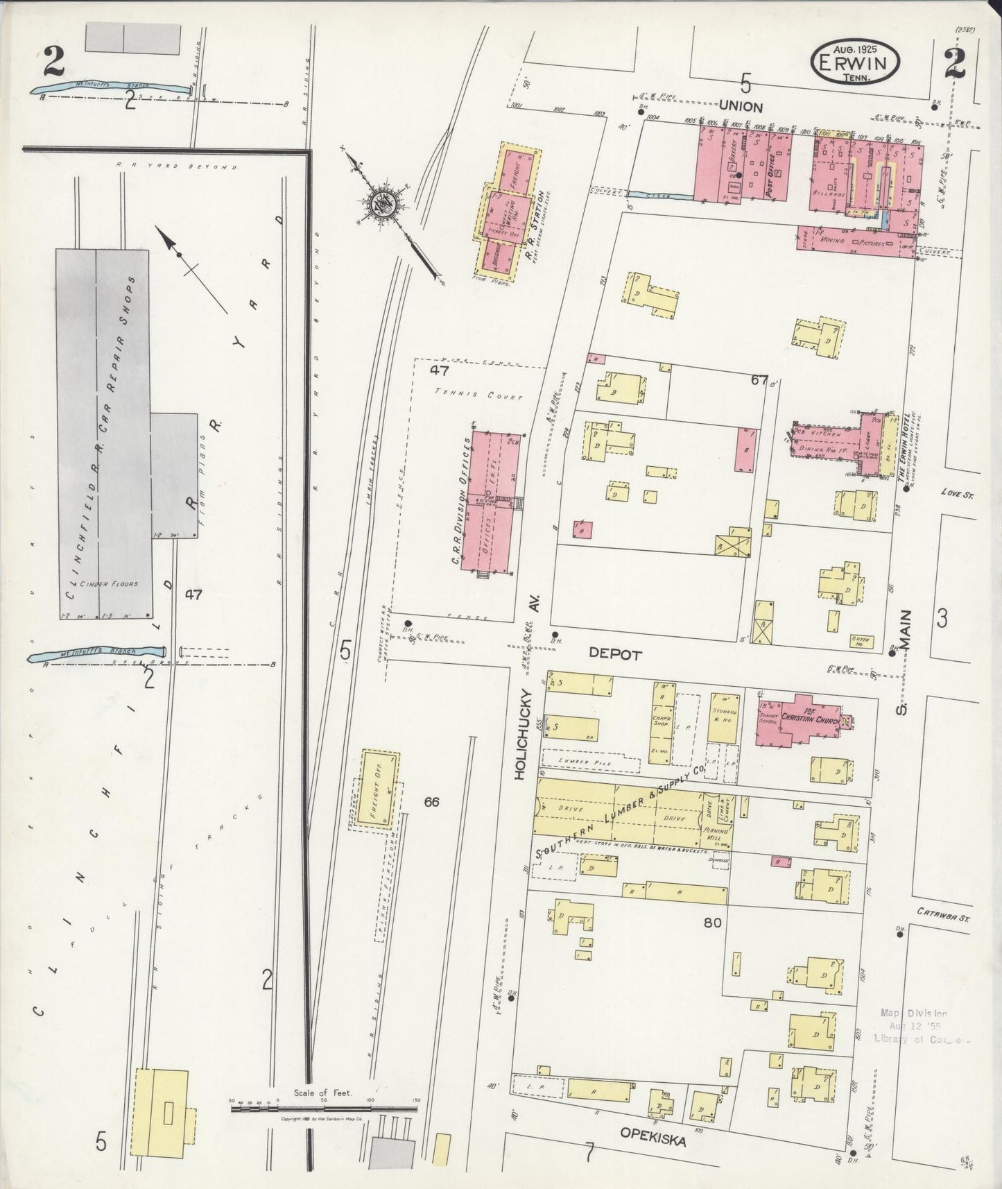 Sanborn Fire Insurance Map from Erwin, Unicoi County, Tennessee (1925), Sheet #0002 - Historic Sanborn Fire Insurance Map Print, vintage old map wall art, antique decor, genealogy gift, Tennessee Tennessee map