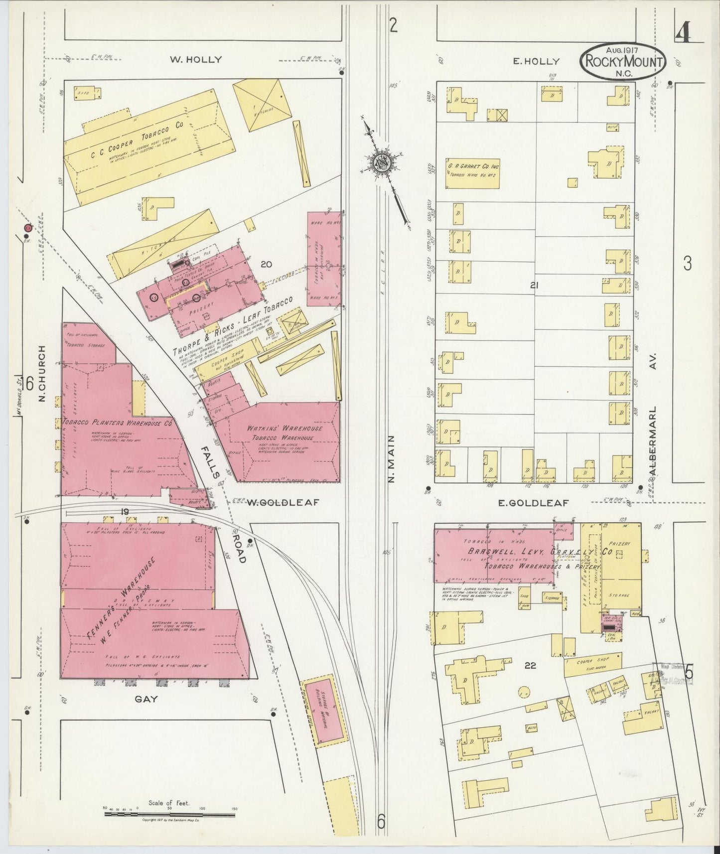 Sanborn Fire Insurance Map from Rocky Mount, Edgecombe And Nash Counties, North Carolina (1917), Sheet #0004 - Historic Sanborn Fire Insurance Map Print, vintage old map wall art, antique decor, genealogy gift, North Carolina North Carolina map