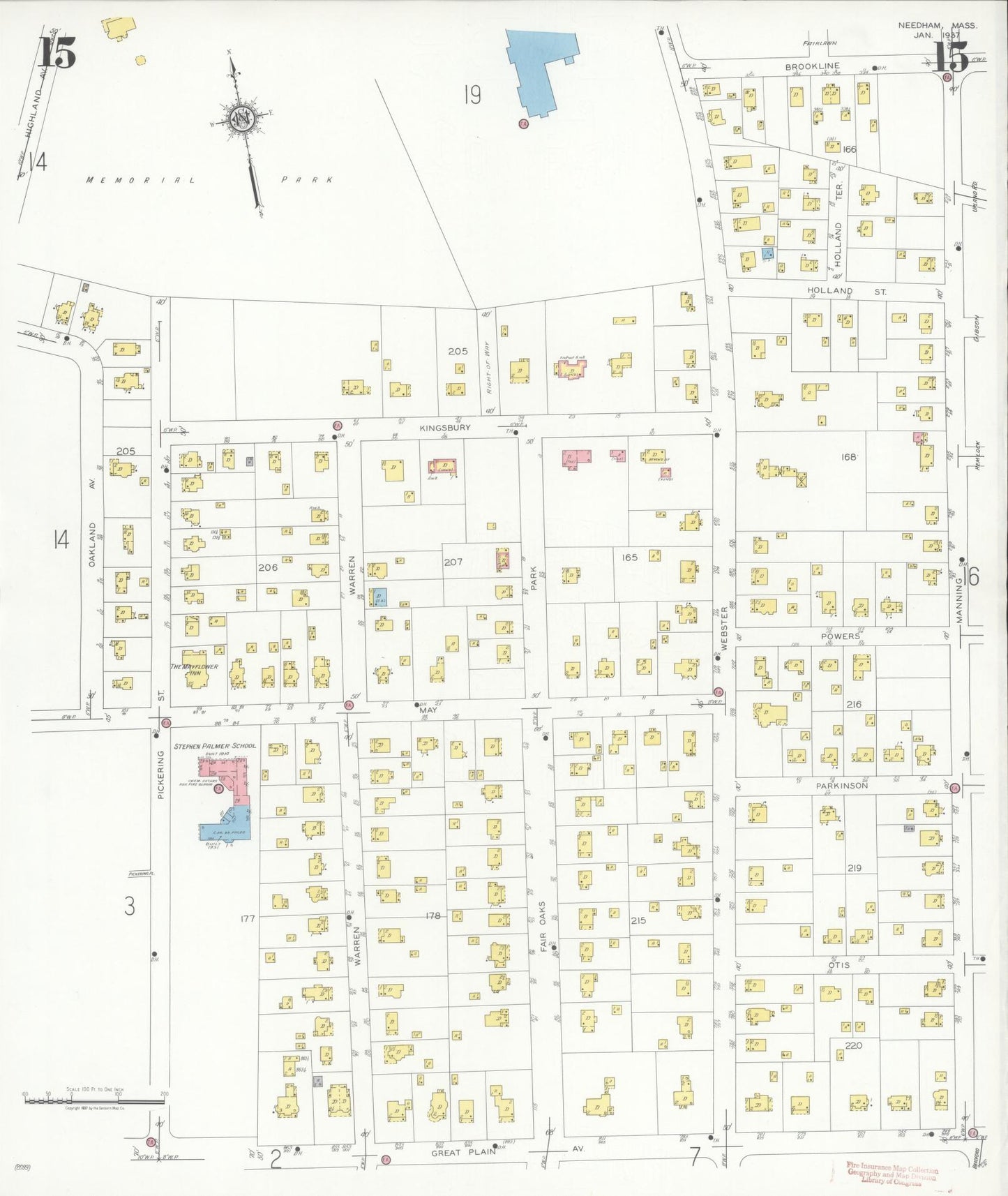 Sanborn Fire Insurance Map from Needham, Norfolk County, Massachusetts (1937), Sheet #0015 - Historic Sanborn Fire Insurance Map Print, vintage old map wall art, antique decor, genealogy gift, Massachusetts Massachusetts map