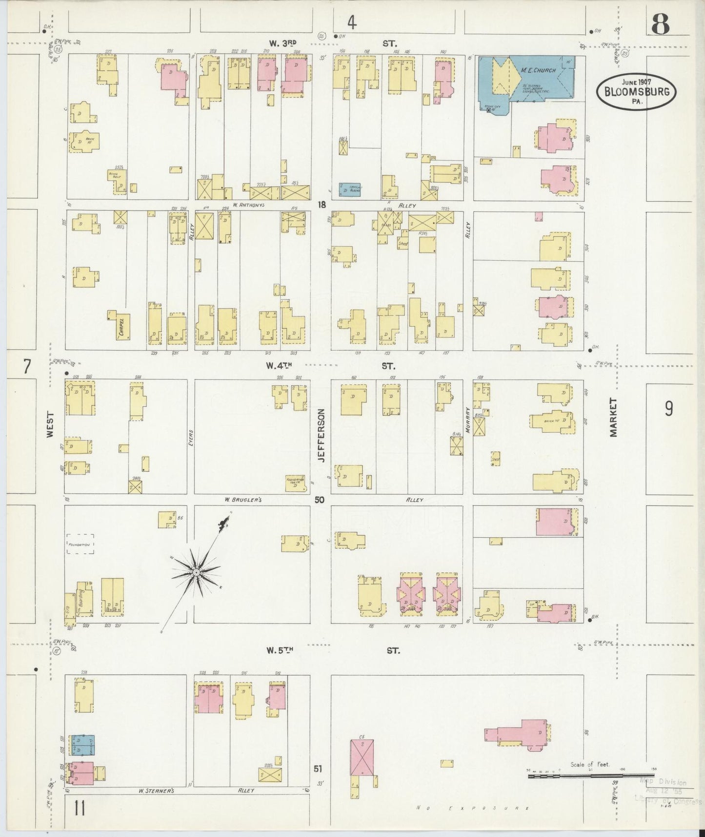 Sanborn Fire Insurance Map from Bloomsburg, Columbia County, Pennsylvania (1907), Sheet #0008 - Historic Sanborn Fire Insurance Map Print, vintage old map wall art, antique decor, genealogy gift, Pennsylvania Pennsylvania map