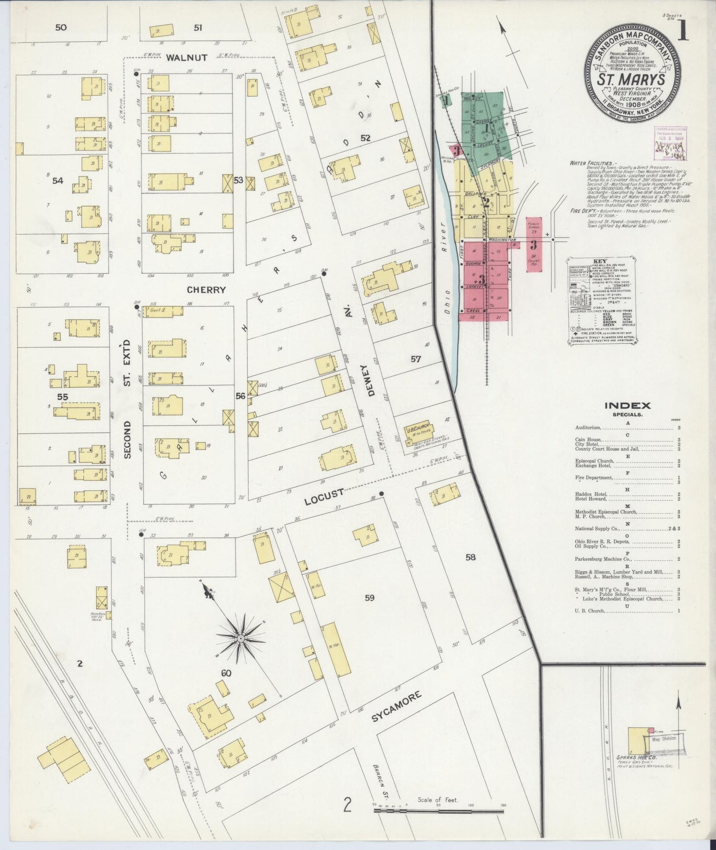 Sanborn Fire Insurance Map from Saint Marys, Pleasant County, West Virginia (1908), Sheet #0001 - Historic Sanborn Fire Insurance Map Print, vintage old map wall art, antique decor, genealogy gift, West Virginia West Virginia map