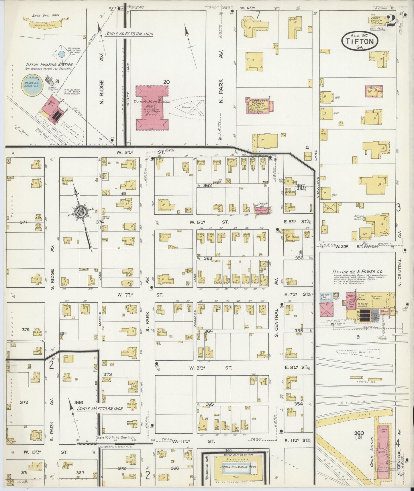 Sanborn Fire Insurance Map from Tifton, Tift County, Georgia (1917), Sheet #0002 - Historic Sanborn Fire Insurance Map Print, vintage old map wall art, antique decor, genealogy gift, Georgia Georgia map