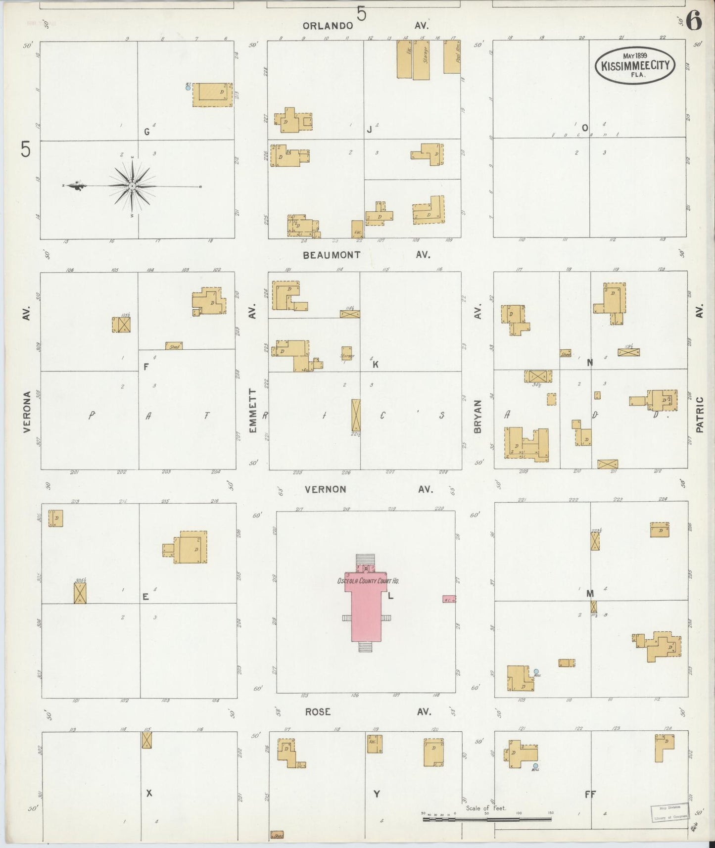 Sanborn Fire Insurance Map from Kissimmee, Osceola County, Florida (1899), Sheet #0006 - Historic Sanborn Fire Insurance Map Print, vintage old map wall art, antique decor, genealogy gift, Florida Florida map