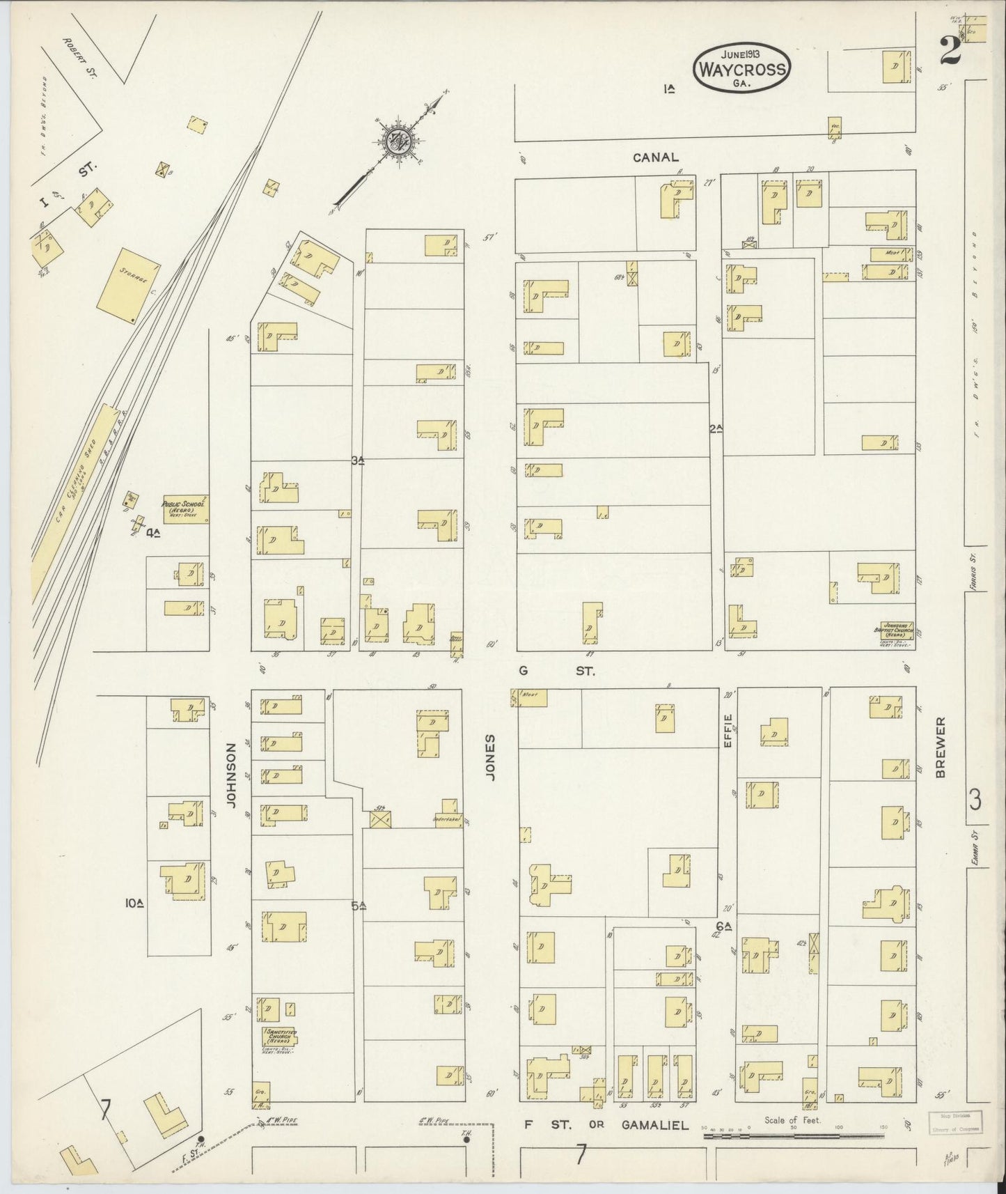 Sanborn Fire Insurance Map from Waycross, Ware County, Georgia (1913), Sheet #0002 - Historic Sanborn Fire Insurance Map Print, vintage old map wall art, antique decor, genealogy gift, Georgia Georgia map