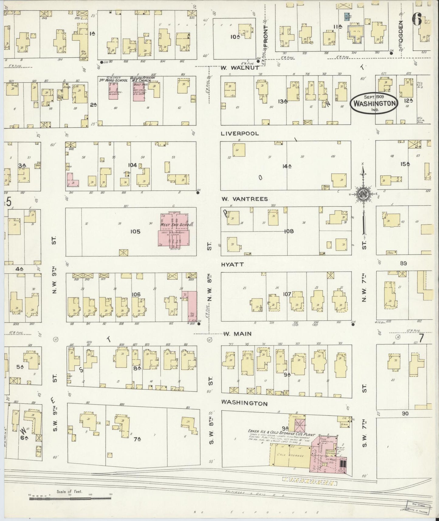 Sanborn Fire Insurance Map from Washington, Daviess County, Indiana (1909), Sheet #0006 - Historic Sanborn Fire Insurance Map Print, vintage old map wall art, antique decor, genealogy gift, Washington Washington map