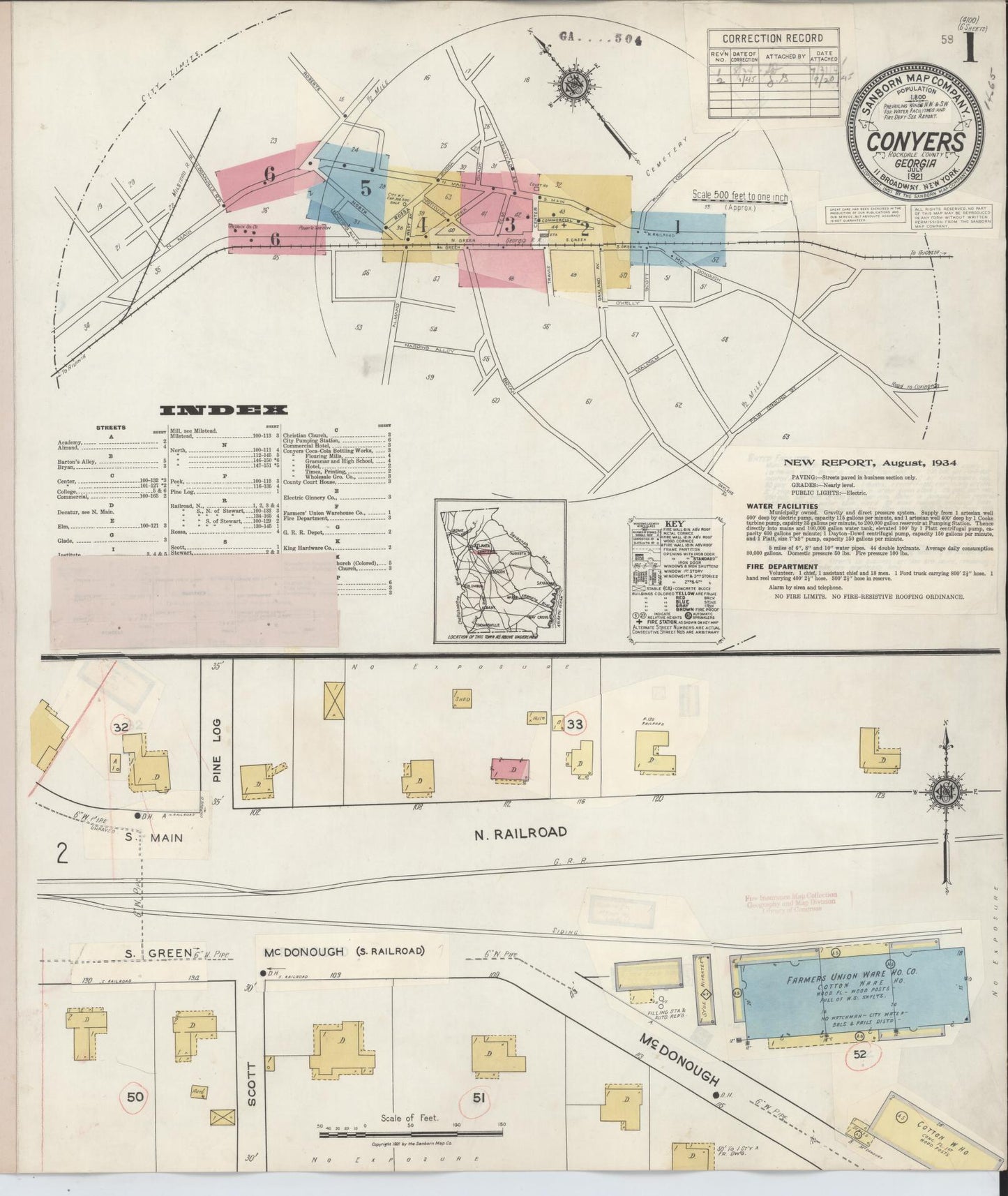 Sanborn Fire Insurance Map from Conyers, Rockdale County, Georgia (1945), Sheet #0001 - Historic Sanborn Fire Insurance Map Print, vintage old map wall art, antique decor, genealogy gift, Georgia Georgia map