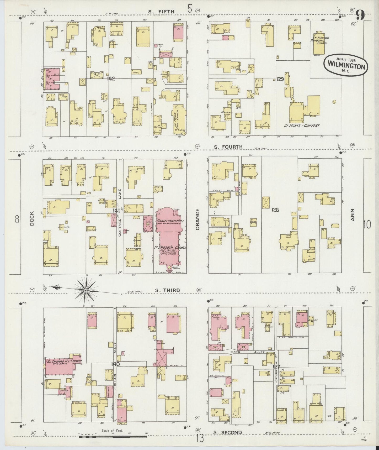 Sanborn Fire Insurance Map from Wilmington, New Hanover County, North Carolina (1898), Sheet #0009 - Historic Sanborn Fire Insurance Map Print, vintage old map wall art, antique decor, genealogy gift, North Carolina North Carolina map