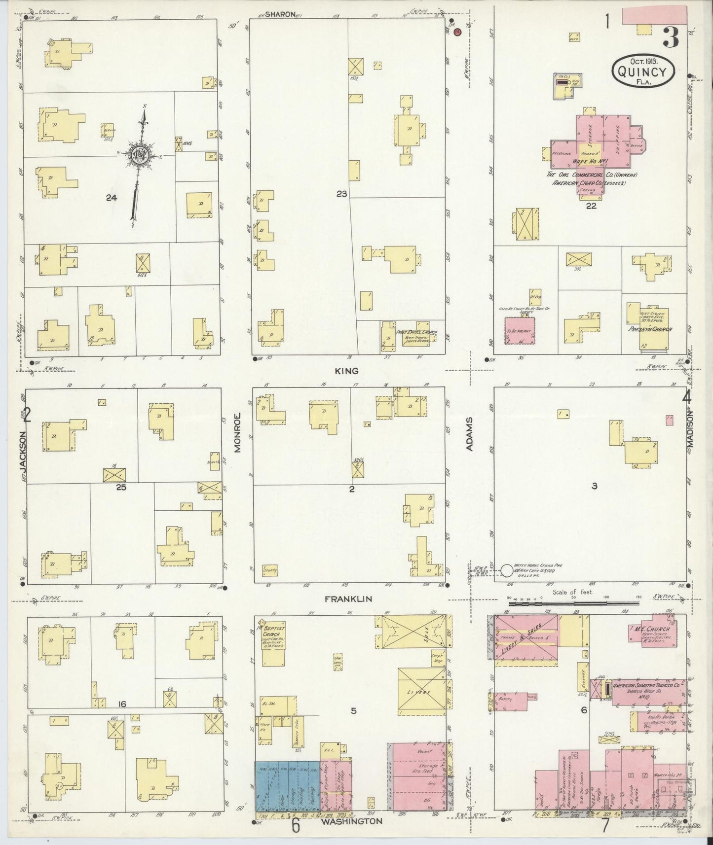 Sanborn Fire Insurance Map from Quincy, Gadsden County, Florida (1913), Sheet #0003 - Historic Sanborn Fire Insurance Map Print, vintage old map wall art, antique decor, genealogy gift, Florida Florida map