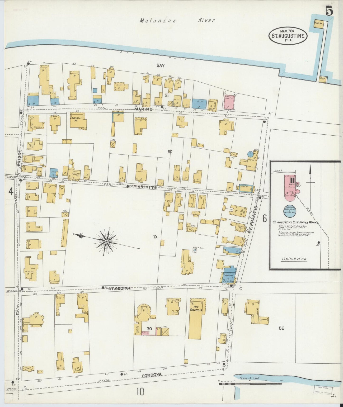 Sanborn Fire Insurance Map from Saint Augustine, Saint John's County, Florida (1904), Sheet #0005 - Historic Sanborn Fire Insurance Map Print, vintage old map wall art, antique decor, genealogy gift, Florida Florida map