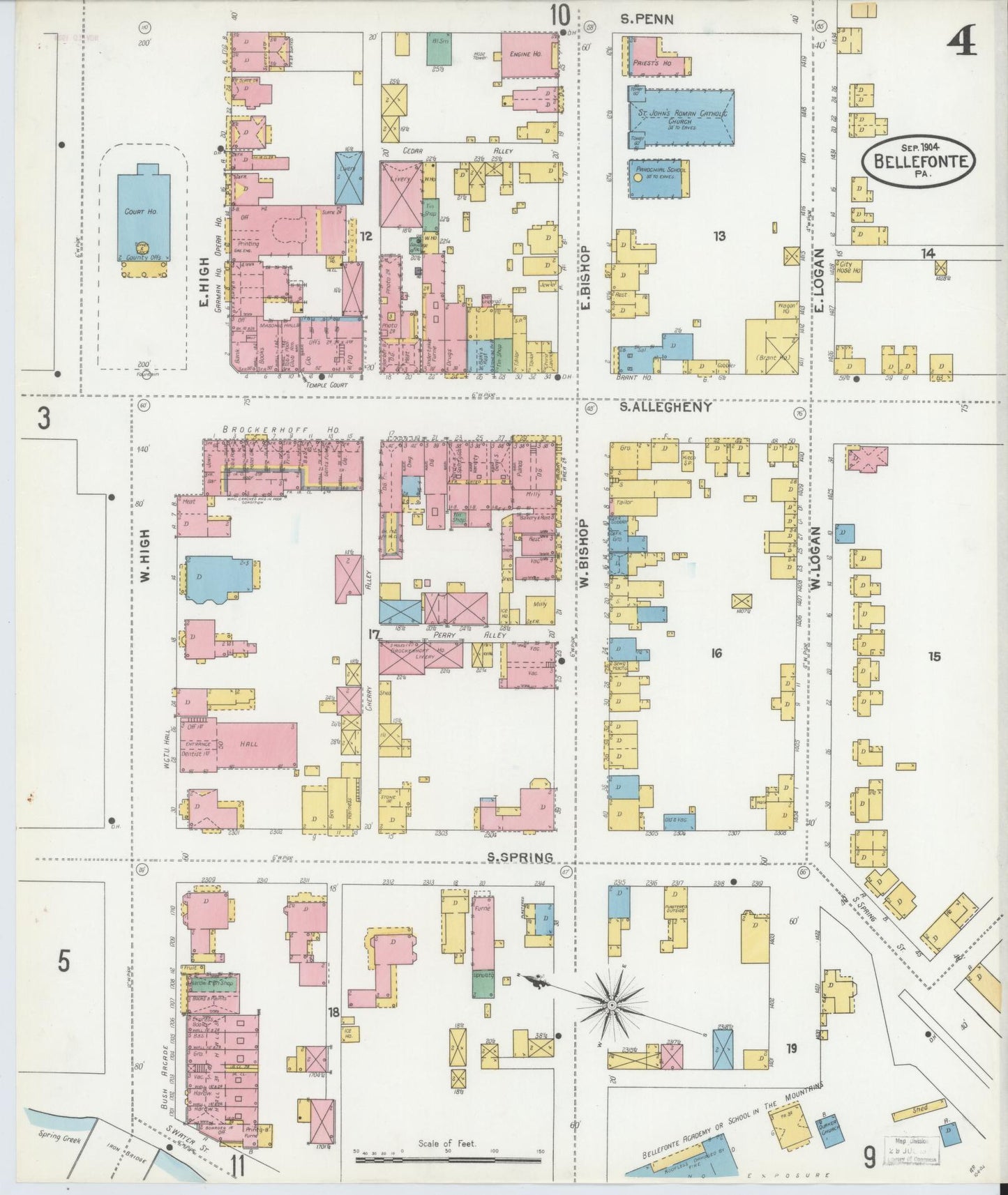 Sanborn Fire Insurance Map from Bellefonte, Centre County, Pennsylvania (1904), Sheet #0004 - Historic Sanborn Fire Insurance Map Print, vintage old map wall art, antique decor, genealogy gift, Pennsylvania Pennsylvania map