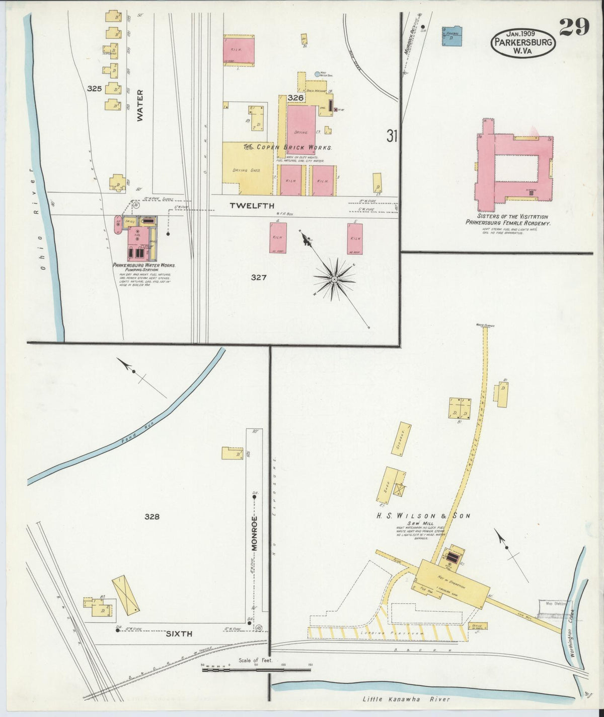 Sanborn Fire Insurance Map from Parkersburg, Wood County, West Virginia (1909), Sheet #0029 - Historic Sanborn Fire Insurance Map Print, vintage old map wall art, antique decor, genealogy gift, West Virginia West Virginia map