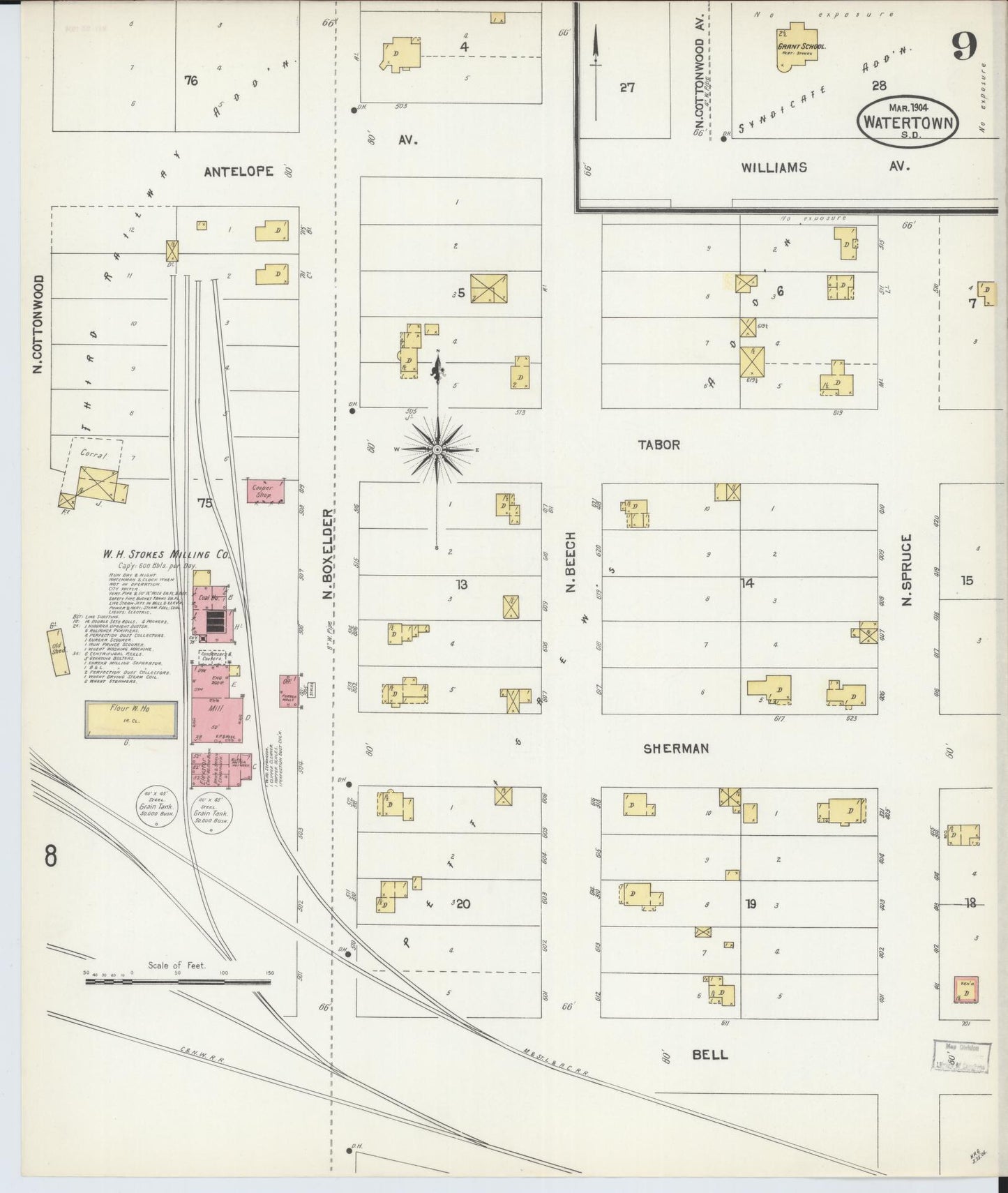 Sanborn Fire Insurance Map from Watertown, Codington County, South Dakota (1904), Sheet #0009 - Historic Sanborn Fire Insurance Map Print, vintage old map wall art, antique decor, genealogy gift, South Dakota South Dakota map