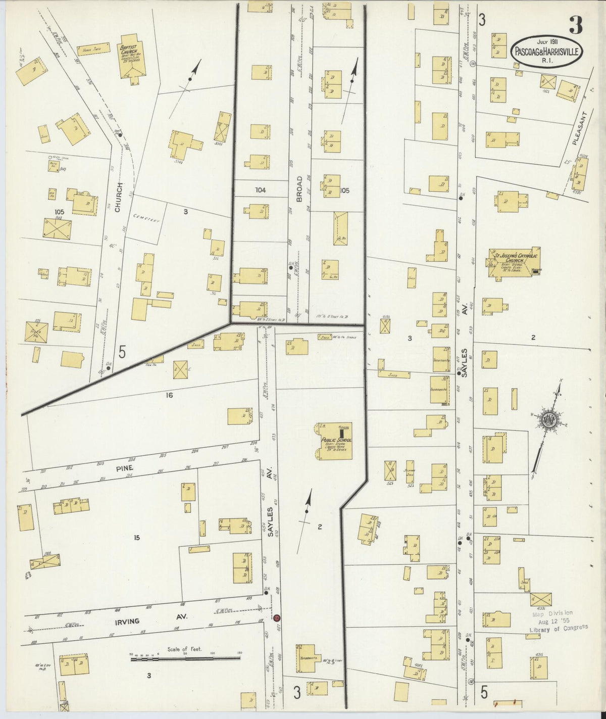 Sanborn Fire Insurance Map from Pascoag, Providence County, Rhode Island (1911), Sheet #0003 - Historic Sanborn Fire Insurance Map Print, vintage old map wall art, antique decor, genealogy gift, Rhode Island Rhode Island map