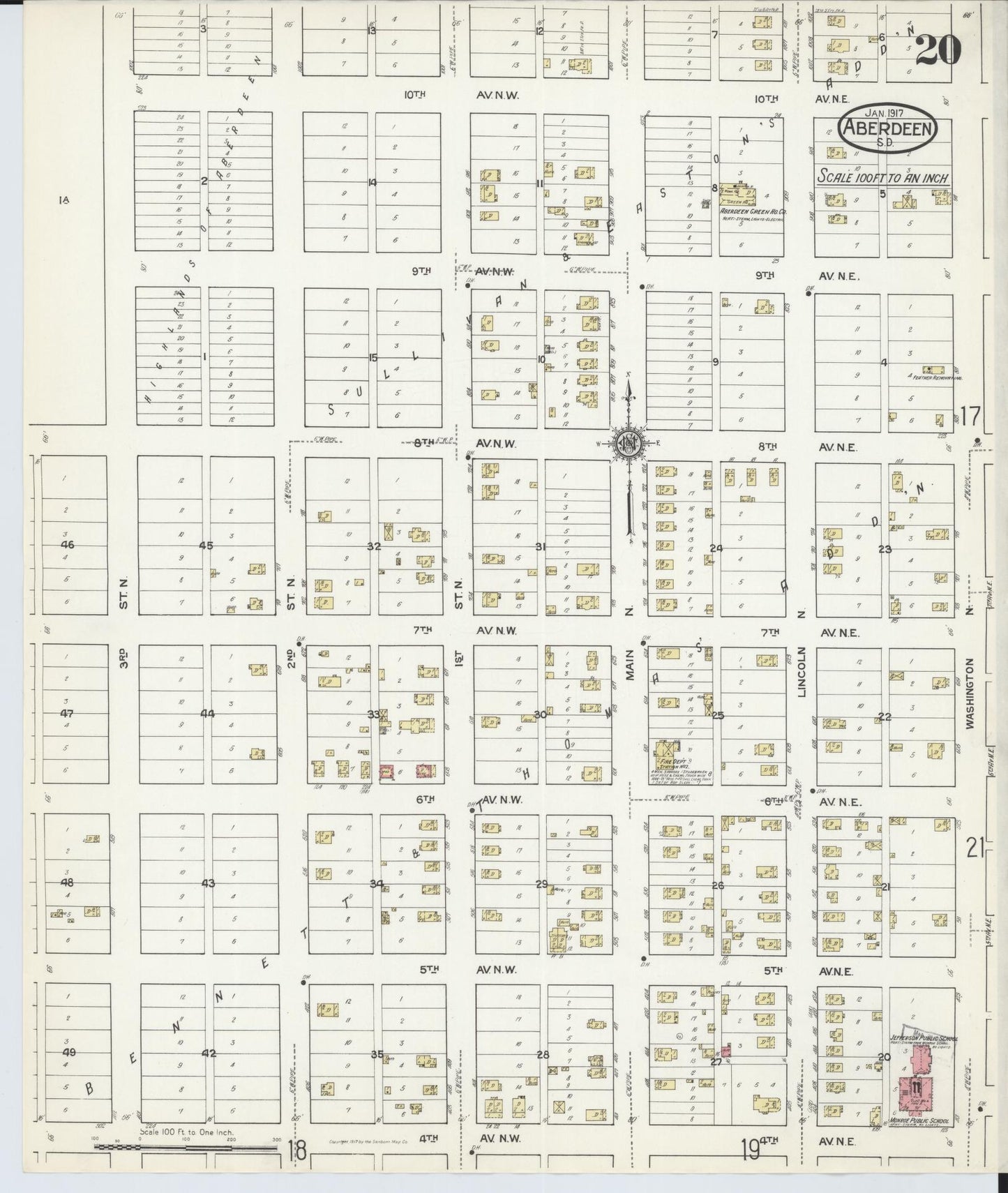 Sanborn Fire Insurance Map from Aberdeen, Brown County, South Dakota (1917), Sheet #0020 - Historic Sanborn Fire Insurance Map Print, vintage old map wall art, antique decor, genealogy gift, South Dakota South Dakota map