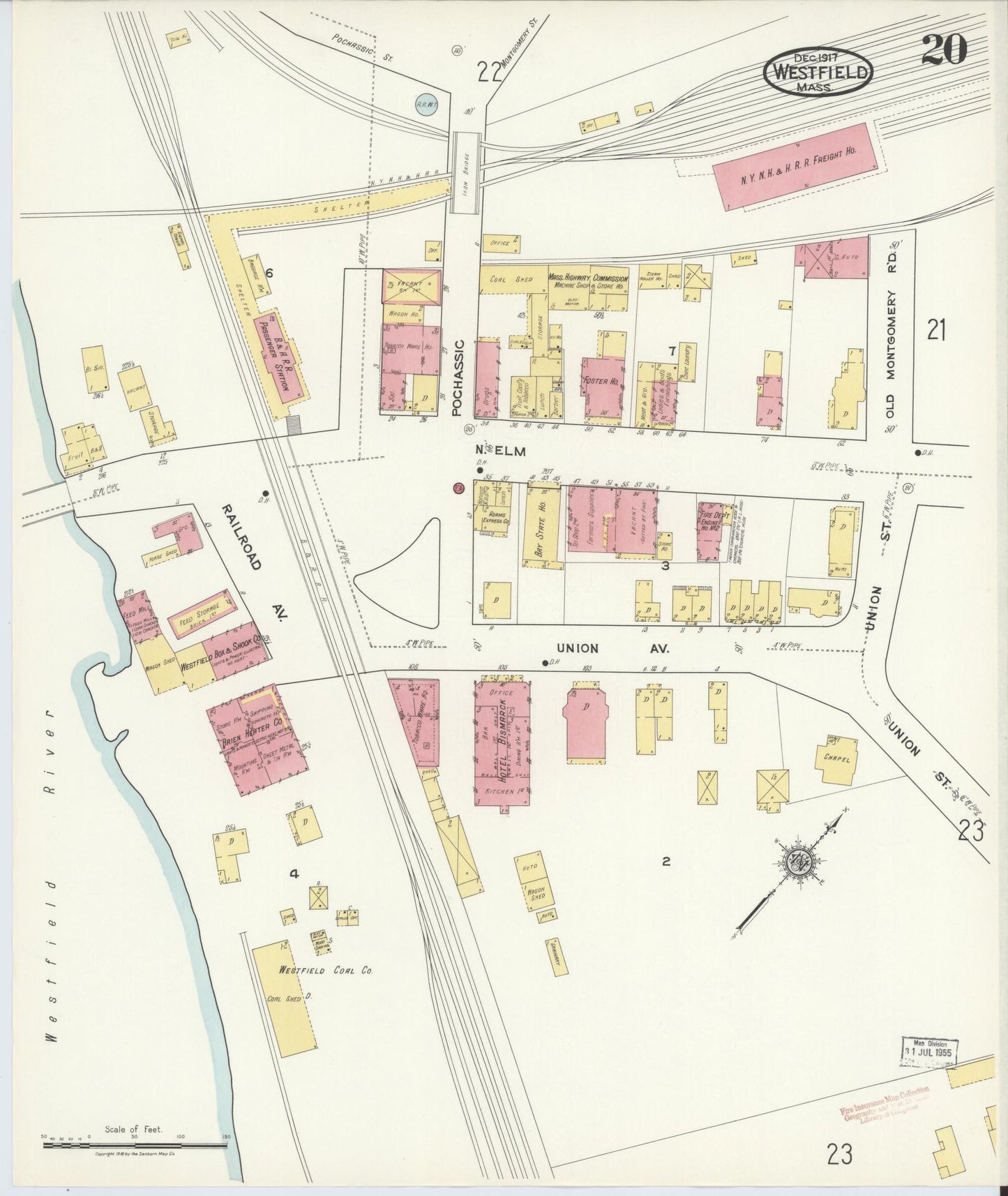 Sanborn Fire Insurance Map from Westfield, Hampden County, Massachusetts (1917), Sheet #0020 - Historic Sanborn Fire Insurance Map Print, vintage old map wall art, antique decor, genealogy gift, Massachusetts Massachusetts map