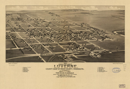 1883 bird's eye view of Luverne. County seat of Rock County, Minnesota. (1883) – Historic Bird’s-Eye View Panorama Print