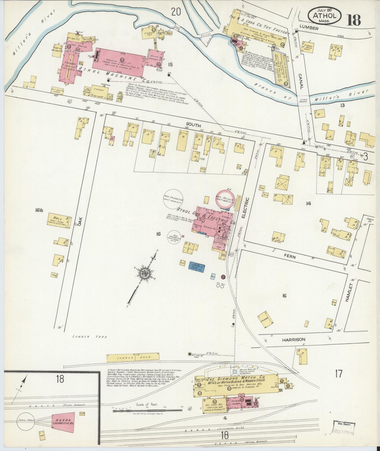 Sanborn Fire Insurance Map from Athol, Worcester County, Massachusetts (1917), Sheet #0018 - Historic Sanborn Fire Insurance Map Print, vintage old map wall art, antique decor, genealogy gift, Massachusetts Massachusetts map