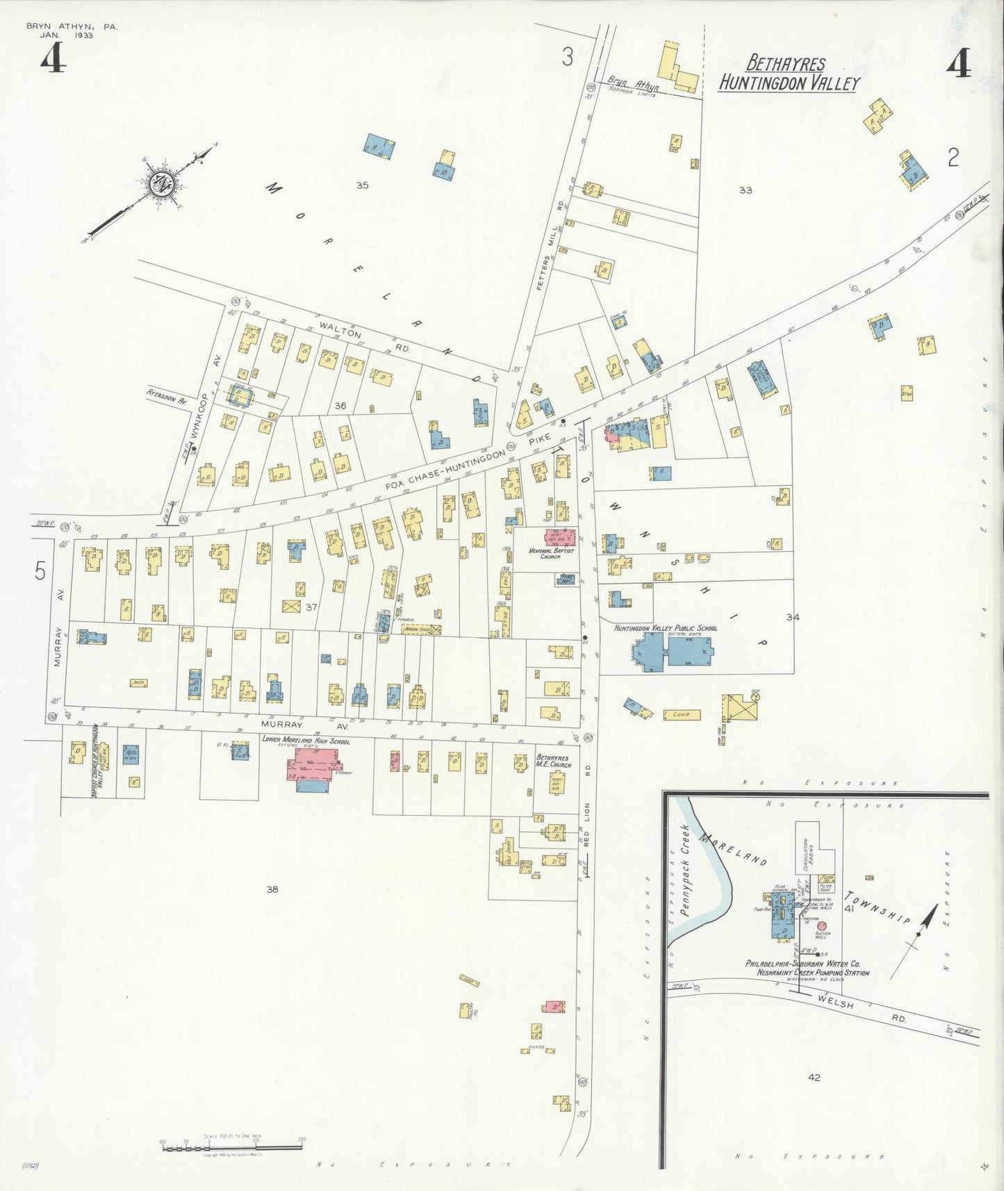 Sanborn Fire Insurance Map from Bryn Athyn, Montgomery County, Pennsylvania (1933), Sheet #0004 - Historic Sanborn Fire Insurance Map Print, vintage old map wall art, antique decor, genealogy gift, Pennsylvania Pennsylvania map