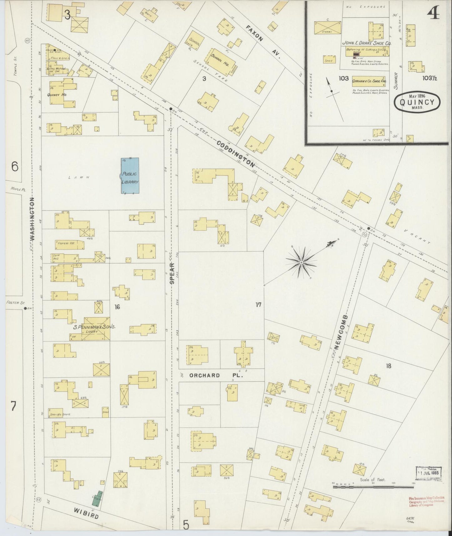 Sanborn Fire Insurance Map from Quincy, Norfolk County, Massachusetts (1896), Sheet #0004 - Historic Sanborn Fire Insurance Map Print, vintage old map wall art, antique decor, genealogy gift, Massachusetts Massachusetts map
