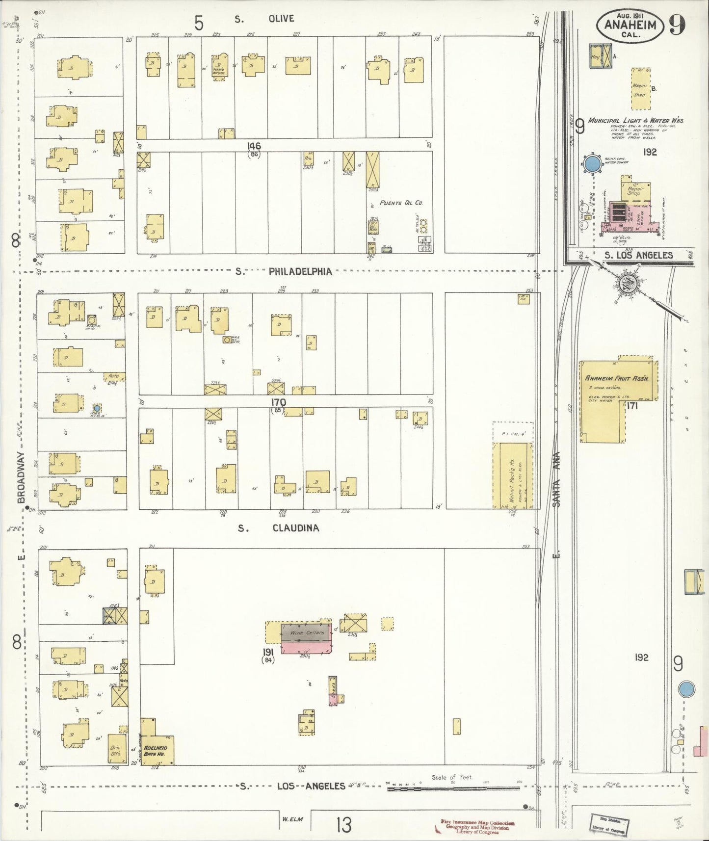 Sanborn Fire Insurance Map from Anaheim, Orange County, California (1911), Sheet #0009 - Historic Sanborn Fire Insurance Map Print, vintage old map wall art, antique decor, genealogy gift, California California map