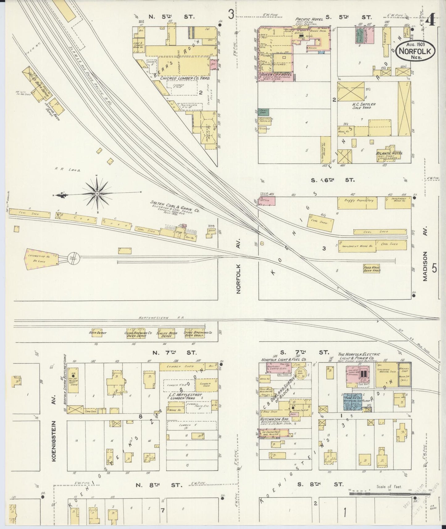 Sanborn Fire Insurance Map from Norfolk, Madison County, Nebraska (1909), Sheet #0004 - Historic Sanborn Fire Insurance Map Print, vintage old map wall art, antique decor, genealogy gift, Nebraska Nebraska map