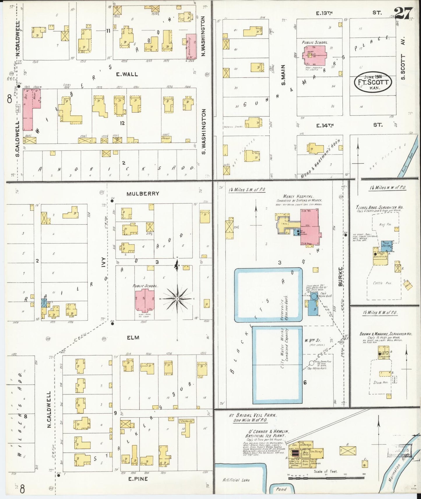 Sanborn Fire Insurance Map from Fort Scott, Bourbon County, Kansas (1906), Sheet #0027 - Historic Sanborn Fire Insurance Map Print, vintage old map wall art, antique decor, genealogy gift, Kansas Kansas map