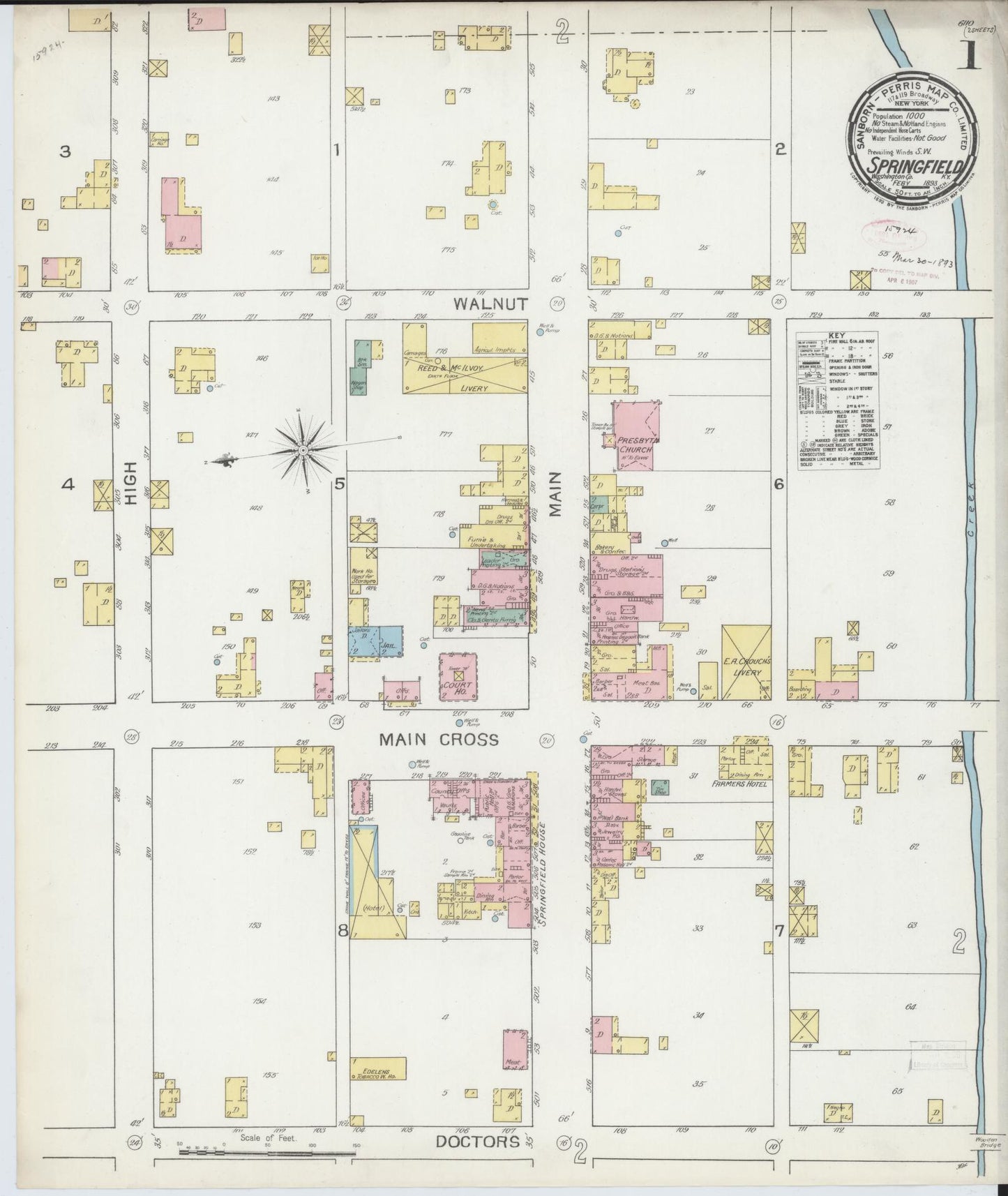 Sanborn Fire Insurance Map from Springfield, Washington County, Kentucky (1893), Sheet #0001 - Historic Sanborn Fire Insurance Map Print, vintage old map wall art, antique decor, genealogy gift, Kentucky Kentucky map