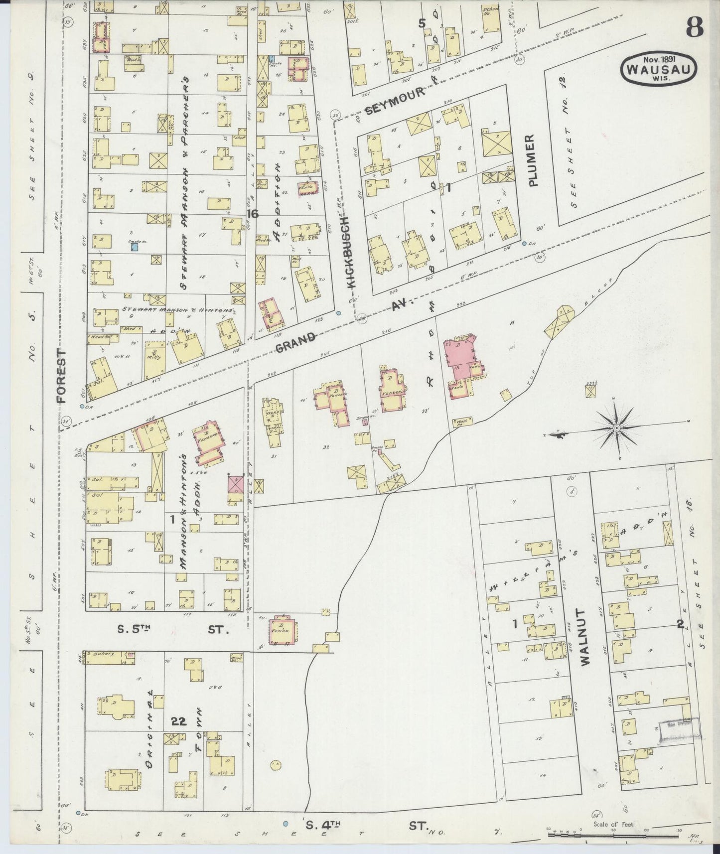 Sanborn Fire Insurance Map from Wausau, Marathon County, Wisconsin (1891), Sheet #0008 - Historic Sanborn Fire Insurance Map Print, vintage old map wall art, antique decor, genealogy gift, Wisconsin Wisconsin map